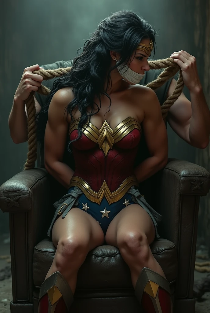 1 boy 1 girl, a muscular man in deadpool armor and mask, a curvy naked hourglass woman with wonderwoman headgear and arm guards with wide hips and thick thighs, totally naked girl swooping breasts perfect ass, glowing rope yellow neon glow lying on floor, , couple engaged in doggystyle sex, 1 boy and 1 girl, the arkham streets at night, cinematic lighting, hyper detailed, 8k, photorealistic, dramatic lighting, moody atmosphere, gritty and dark, comic book style, rich colors, dynamic pose