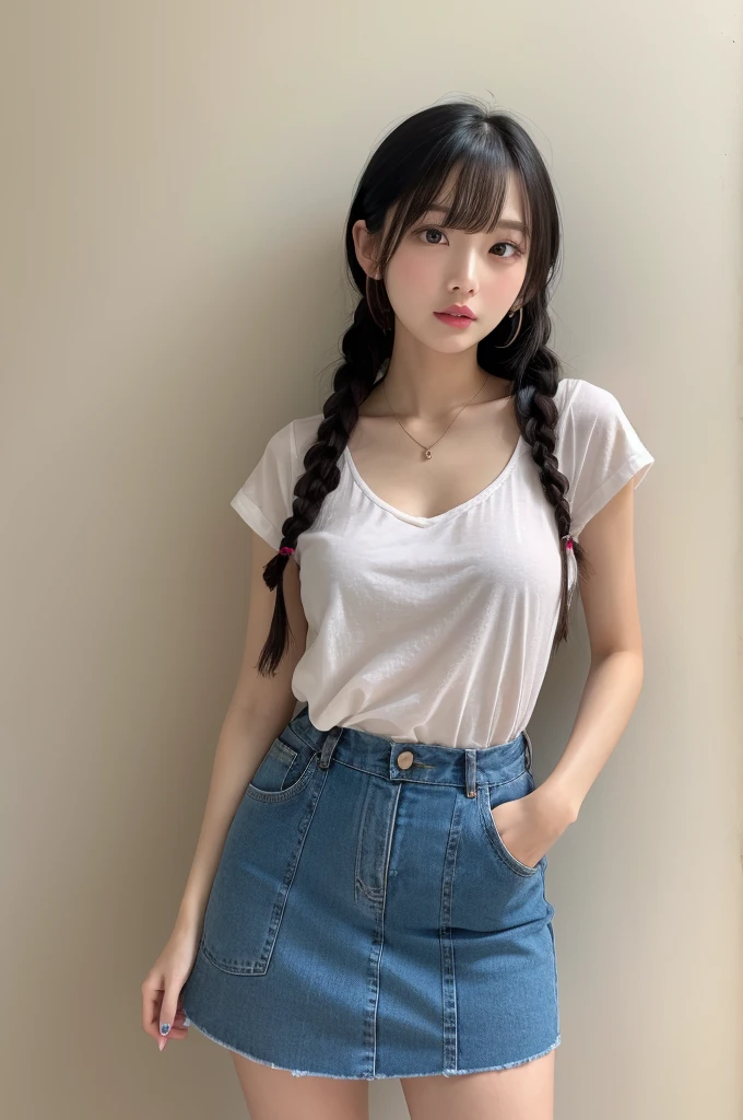 18-year-old, adorable, British girl, 15 years old, portrait ,Tank top((mini skirt))、Thighs Thighs Nose:1.1),   , (high color saturation,catch light:1.0),  (highly detailed skin), (highest quality:1.0), (ultra high resolution:1.0) ,(realistic:1.0), (Super detailed:1.0), (8K, RAW photo:1.1),( smile:0.8),looking at the viewer