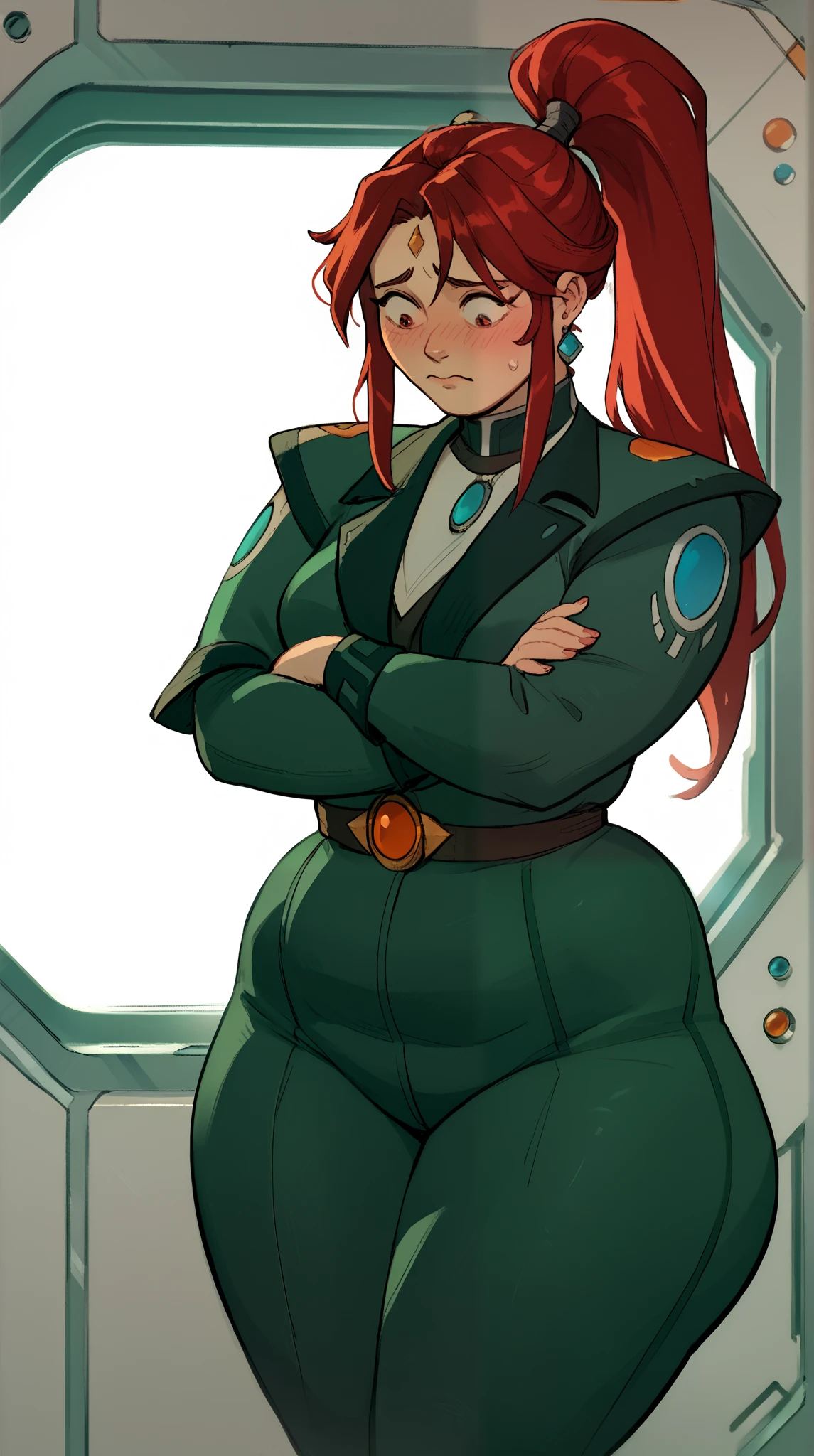 YrlietRT, 1girl, ponytail, red hair, window, galaxy, space, spacecraft, jewelry, chubby, curvy, wide hips, good bright lighting, amazing bright lighting, light, chubby waist, embarrassed, blushing ,ashamed, trying on her suit, score 9, score 8 up, score 7 up, score 6 up, score 5 up, score 4 up, BREAK,