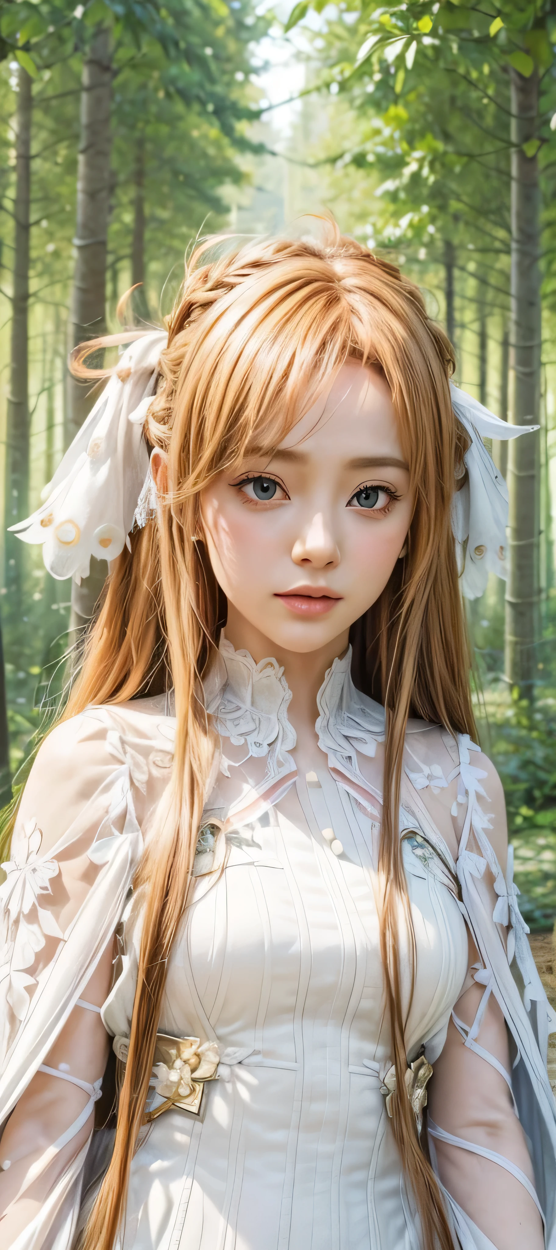 masterpiece, best quality, (realistic,photo-realistic:1.4), (RAW photo:1.2), extremely detailed CG unity 8k wallpaper, delicate and beautiful, amazing,finely detail, official art, absurdres, incredibly absurdres, huge filesize, ultra-detailed,extremely detailed eyes and face,light on face,yuuki asuna,(caramel hair:1.4),(long hair:1.4),(forest backgriund:1.5),nature background,(hair ribbon:1.4),(forest:1.5),(albino peacock dress:1.2),(wearing honkai impact outfit:1.5)