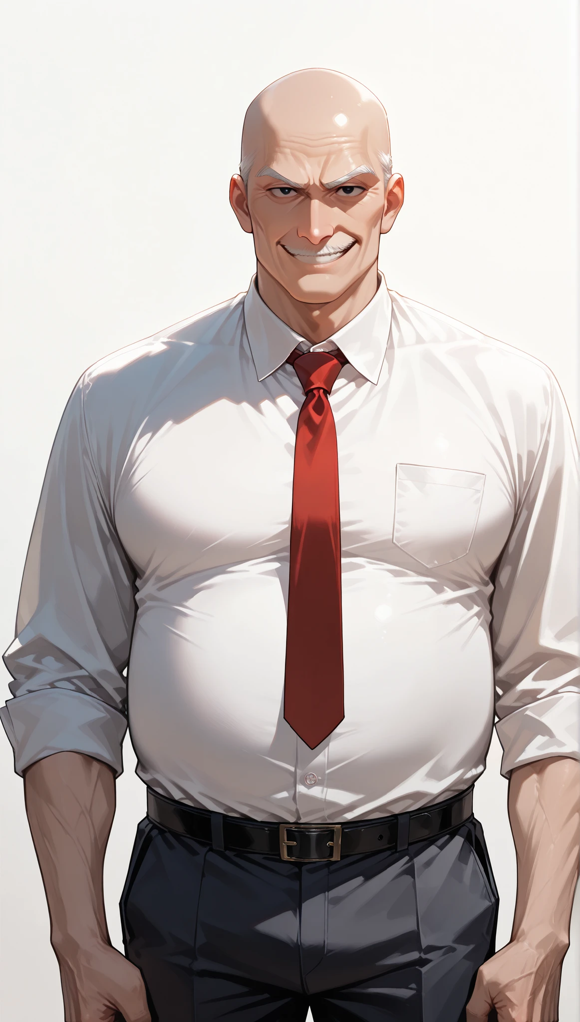 very aesthetic, 걸작, 고해상도, 8k 해상도, 매우 상세한, best_quality, finely_detailed_eyes_and_detailed_face, 1 old man, fat, masculine, black_eyes,(old:1.4), bald, white_dress_shirt, red necktie, looking at viewer, (standing, purpose, white_background), straight-on, front_view, cowboy_shot, smile, glaring_expression