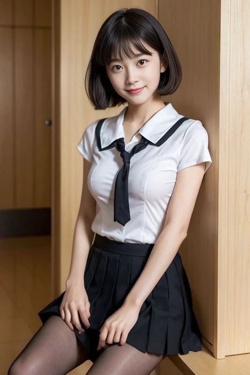 Mix 4, (16K, RAW Photos, Best image quality, masterpiece: 1.45), (Realistic, Realistic: 1.37), One Girl, cute, Professional Lighting, Photon Mapping, Bedroom, Physically Based Rendering, Dark brown long bob hair,beautiful, well-groomed eyes、double eyelid、With a girl, (((Short-sleeved shirts worn by Japanese high school girls、Checked mini skirt,、Dark blue socks、Black Loafers))), Highest quality photos, High resolution, 1080P, (Clear Face), (Detailed face description), (Detailed hand description), (masterpiece), (Exquisite CGI)、Extreme light and shadow、Disheveled Hair、masterpiece、Rich details、(beautiful Faces)、(Top quality photoassessing muscle area)、(Fine grain)、Look in front of you、Thin clavicle、((Slim and large))、シャツを捲れてbeautiful胸が確認できる、(((In Japan, we wear short-sleeved shirts)))、((Pure Idol))、((明るいBedroom))、(Shot from random perspectives)、(((とにかくcute)))、Earrings、Big smile、Drawing the whole body from the knees、No nasolabial folds、(Large and firm breasts:1.2)、Tight big ass、Two arms and two legs、(((from the front:0.4)))、bare hands、Symmetrical eyes