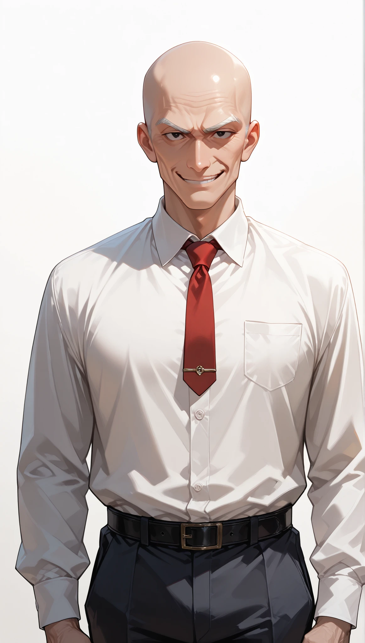very aesthetic, 걸작, 고해상도, 8k 해상도, 매우 상세한, best_quality, finely_detailed_eyes_and_detailed_face, 1 old man, masculine, black_eyes,(old:1.4), bald, white_dress_shirt, red necktie, looking at viewer, (standing, purpose, white_background), straight-on, front_view, cowboy_shot, smile, glaring_expression