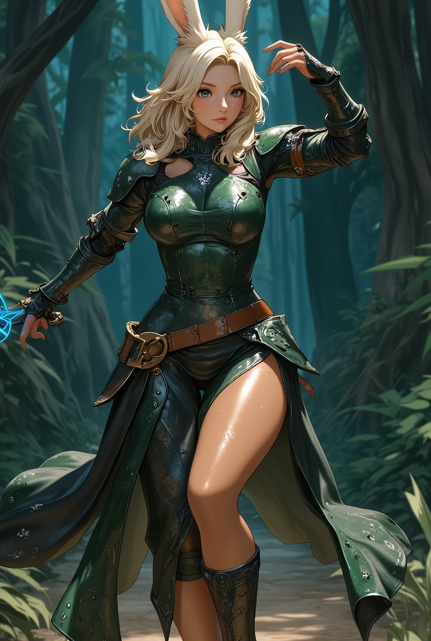 full body photo, 8k, Unreal Engine 5, masterpiece, extremely detailed, maximum quality. Mortal Kombat+Princess Zelda, blue eyes, green hair, size XL bust, wearing a ninja outfit with mask and hood, green with black accents,holding an ice katana, wielding it towards the viewer.Looking at viewer with malevolent smile. Cemetery with rain and fog.