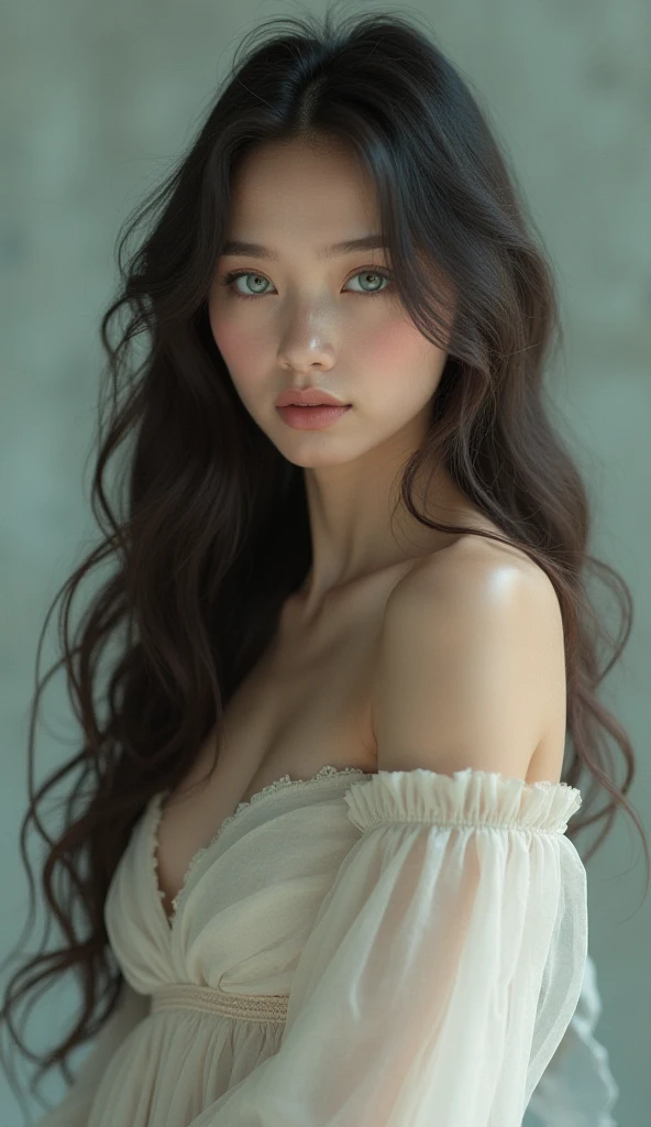 Light-skinned woman , with long dark brown hair, Blue eyes with long dress
