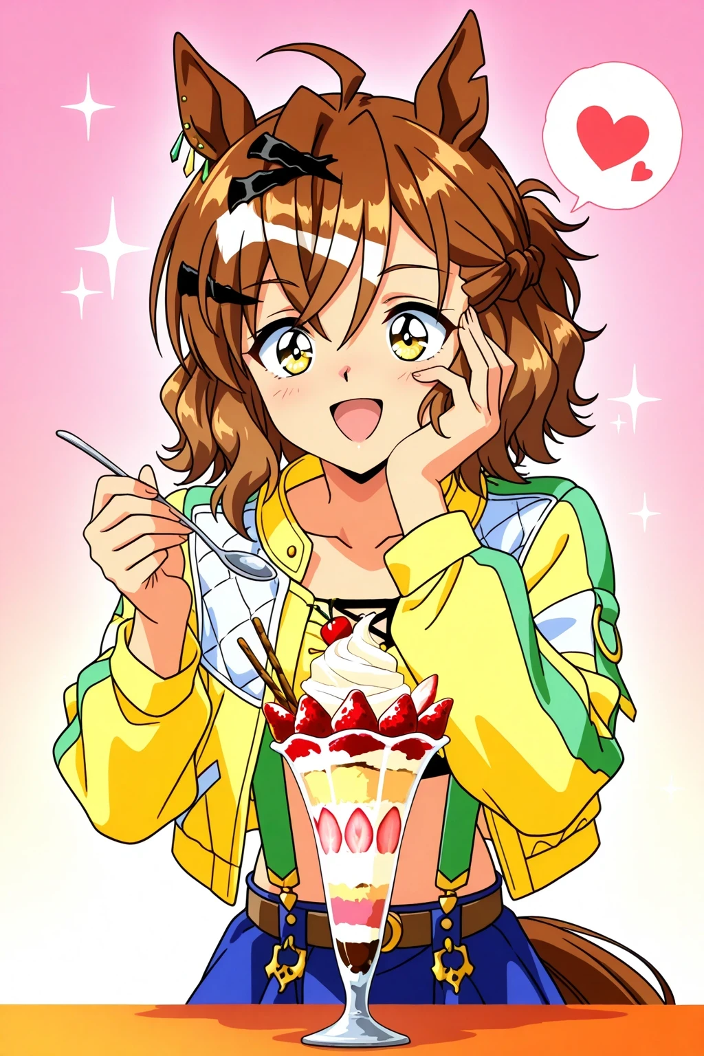 score_9,score_8_up,score_7_up,score_6_up,score_5_up,score_4_up,source_anime,(solo:1.5),
masterpiece,highest quality,Super detailed,8k,High resolution,an extremely delicate and beautiful,Official Art,Perfect Anatomy,(solo:1.5), Contrasting colors,octane rendering,Fully painted,anime coloring,anime screencap,Cel-shaded anime,retro artstyle,1990s \(style\),90s anime,90s anime style, perfect face,ultradeTailed eyes,beautiful,sexy,supermodel,athletic body,shiny skin,Dramatic light,(scale to fit the dimensions:1.2),
1girl, horse girl, brown hair, medium hair, ahoge, hair ornament, notched ear, horse tail, yellow eyes, multicolored hair, horse ears, yellow jacket, midriff, open clothes, long sleeves, open jacket, suspenders, belt, blue skirt,
parfait, open mouth, heart, food, sparkle, fruit, happy, hand on own face, spoken heart, ice cream, strawberry, spoon, hand on own cheek, cherry, holding spoon,