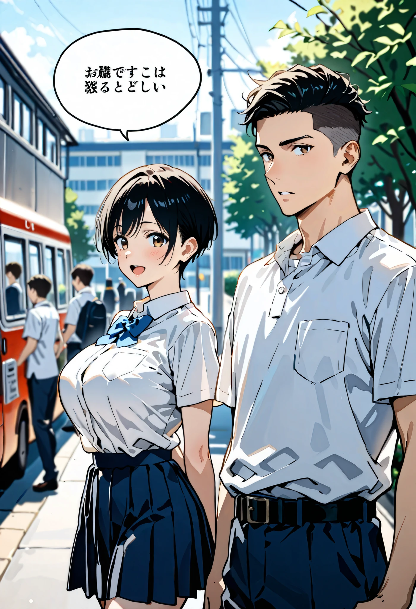 Anime characters standing in front of a bus on a city street - SeaArt AI
