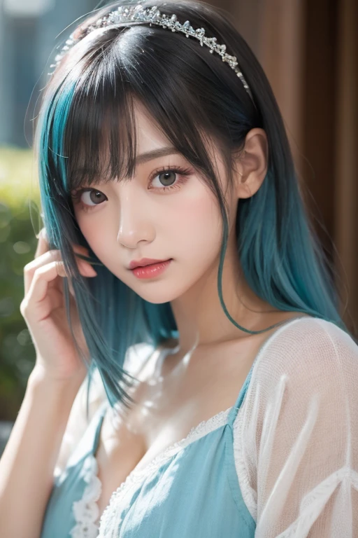 Taken with a phone camera、Are standing、Above the waist、Cute Japanese Women Photos、Normal chest、Long Hair、Blue Hair、Upper body、Face Focus、Cute clothes、Simple Background、From above、Taking a selfie with a smartphone
