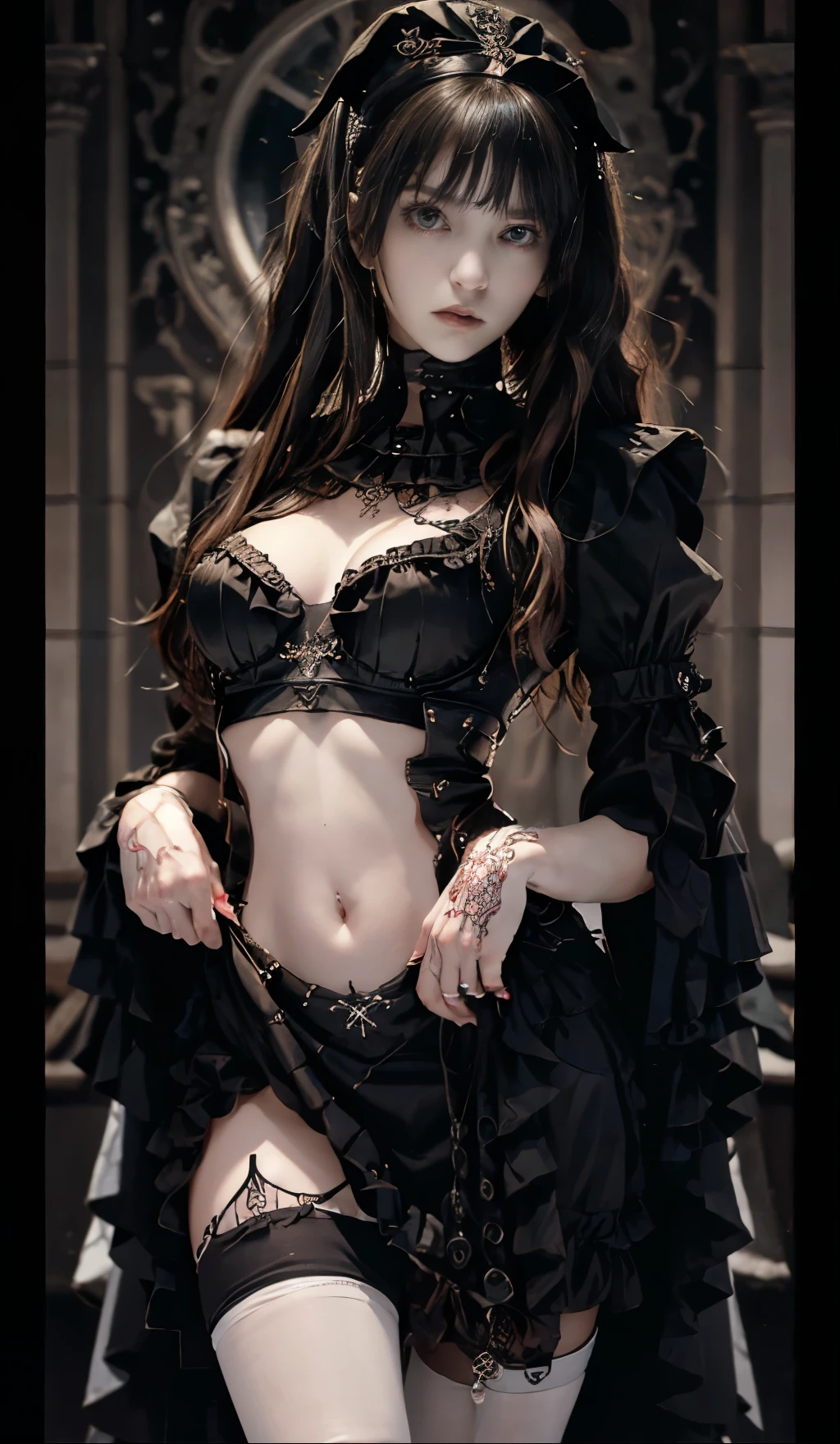 Gothic style photorealistic. 1girl, tattoo, long hair, black hair, solo, navel, brown eyes, jewelry, bracelet, choker, small , looking at viewer, realistic, necklace,skirt, bare shoulders, thigh highs. . Dark, mysterious, haunting, dramatic, ornate, detailed