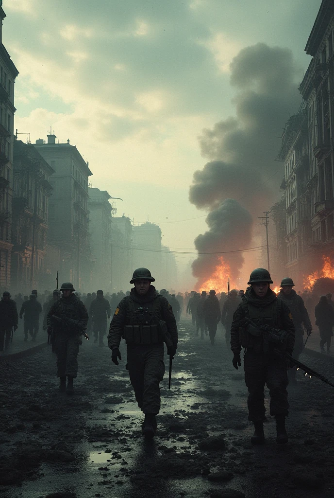 arafed image of a group of soldiers walking down a street, epic vfx shot, inspired by Adolf Hölzel, huge scene, anamorphic flares, people running away, epic diptych, beautiful shot, historical reenactment, by Erwin Bowien, destroying buildings, filmatic, fury --auto --s2