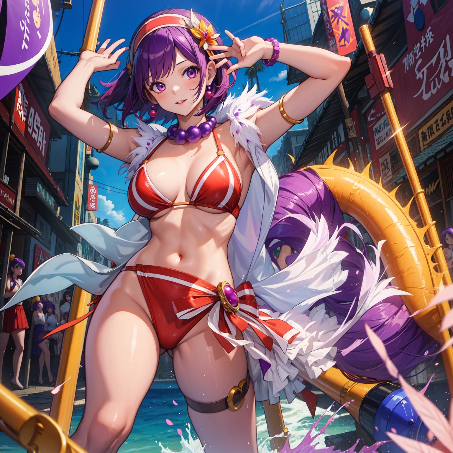 anime - 1 girl - dark skin - best quality - 10k - Hour glass figure - D cup sized breasts - red eyes with tints of yellow - long black hair - beach - seductive pose - silky smooth skin - Large Black tattoo - Cute curled ram horns - pedicure with bright colored nail polish - manicure with bright colored nail polish - platform high heel flip flops - she is wearing a visually stunning masterpiece of a bikini that draws everyone person's attention