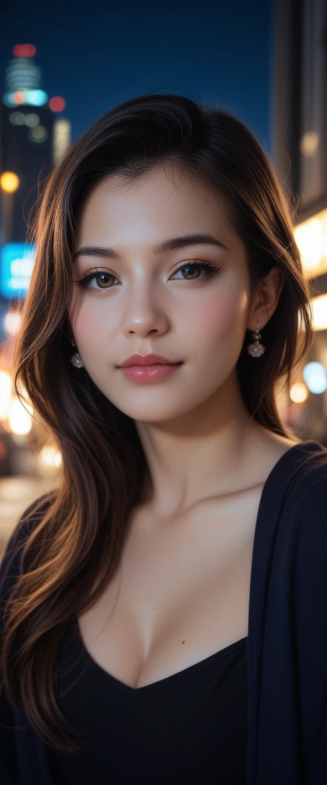 Best quality, masterpiece, high resolution, 1 girl, realism, (high detail skin: 1.2), 8k UHD, DSLR, soft light, high quality, volumetric lighting, photo, high resolution 4K, 8K, blurred background, fireworks in the sky, night, (from behind), (shoulder blades), beautiful neck, kimono, off shoulder kimono, looking behind, asian, brown hair, tied up hair, black eyes, perfect eyes, double eyelids, simple earrings, seductive face, (large breasts), SFW