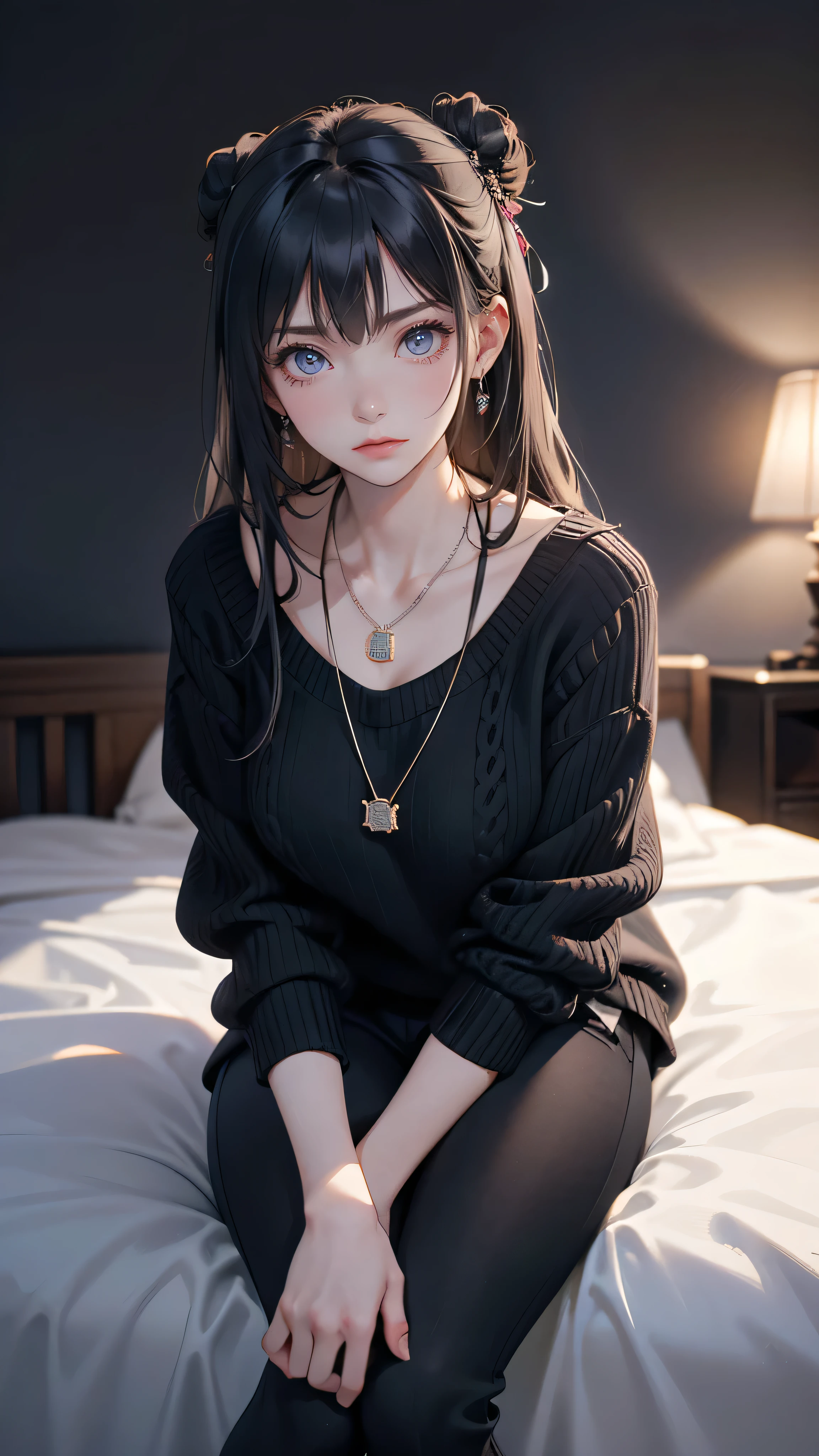 masterpiece, high resolution, beautiful woman, Korean Beauty, 30 years old, (black sweater, black pants, Neckless), (Black hair, twin bun), beautiful woman, looking at me (high resolution face), (high resolution eyes), (The background is in the room)、(Sit on the bed)、(Glare)、Feet Focus, Displeased,