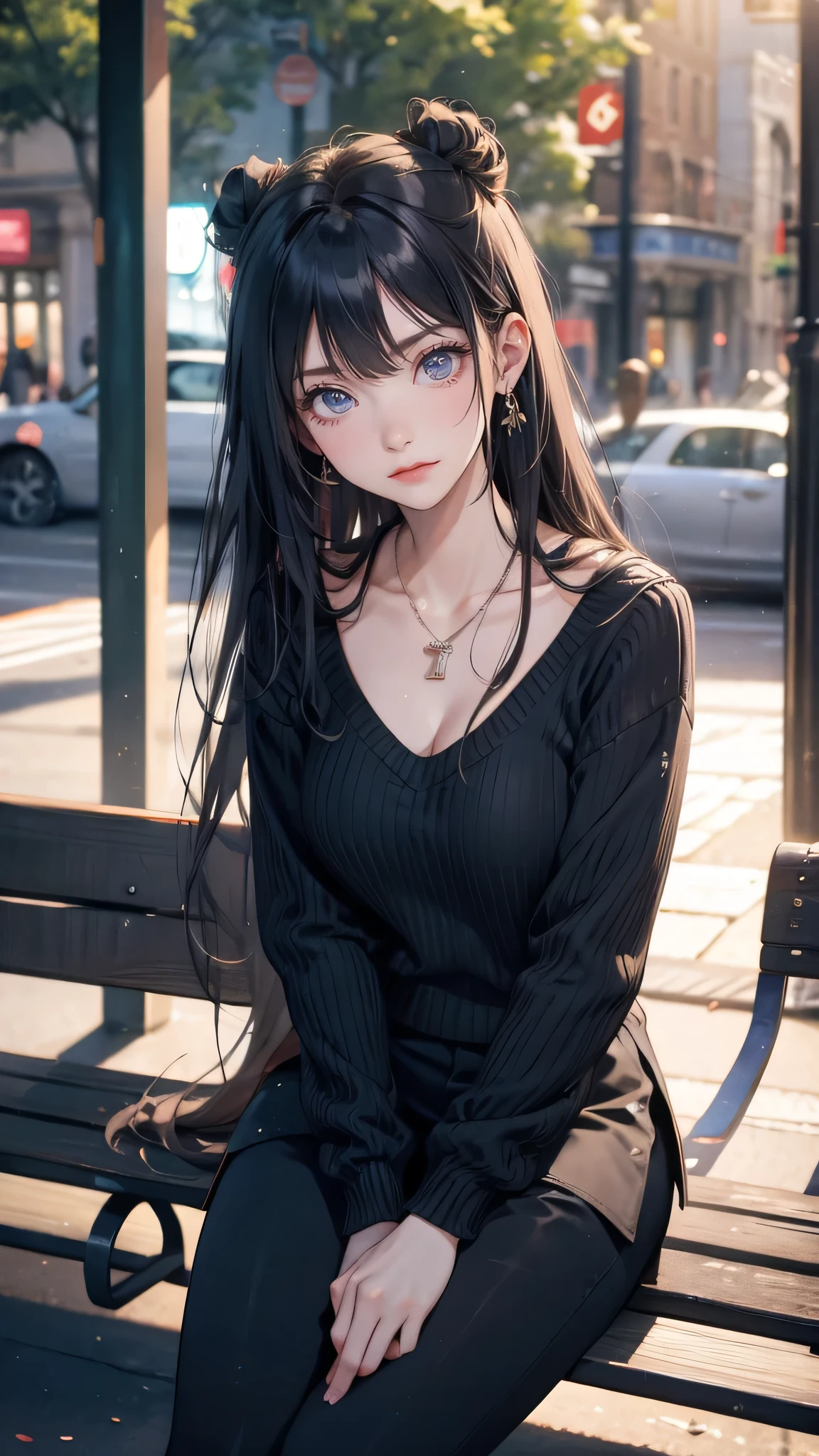 masterpiece, high resolution, beautiful woman, Korean Beauty, 30 years old, (black sweater, black pants, Neckless), (Black hair, twin bun), beautiful woman, smile face, looking at me (high resolution face), (high resolution eyes), (The background is in the room)、(Sit on Park bench )、(Glare)、Feet Focus, Displeased,