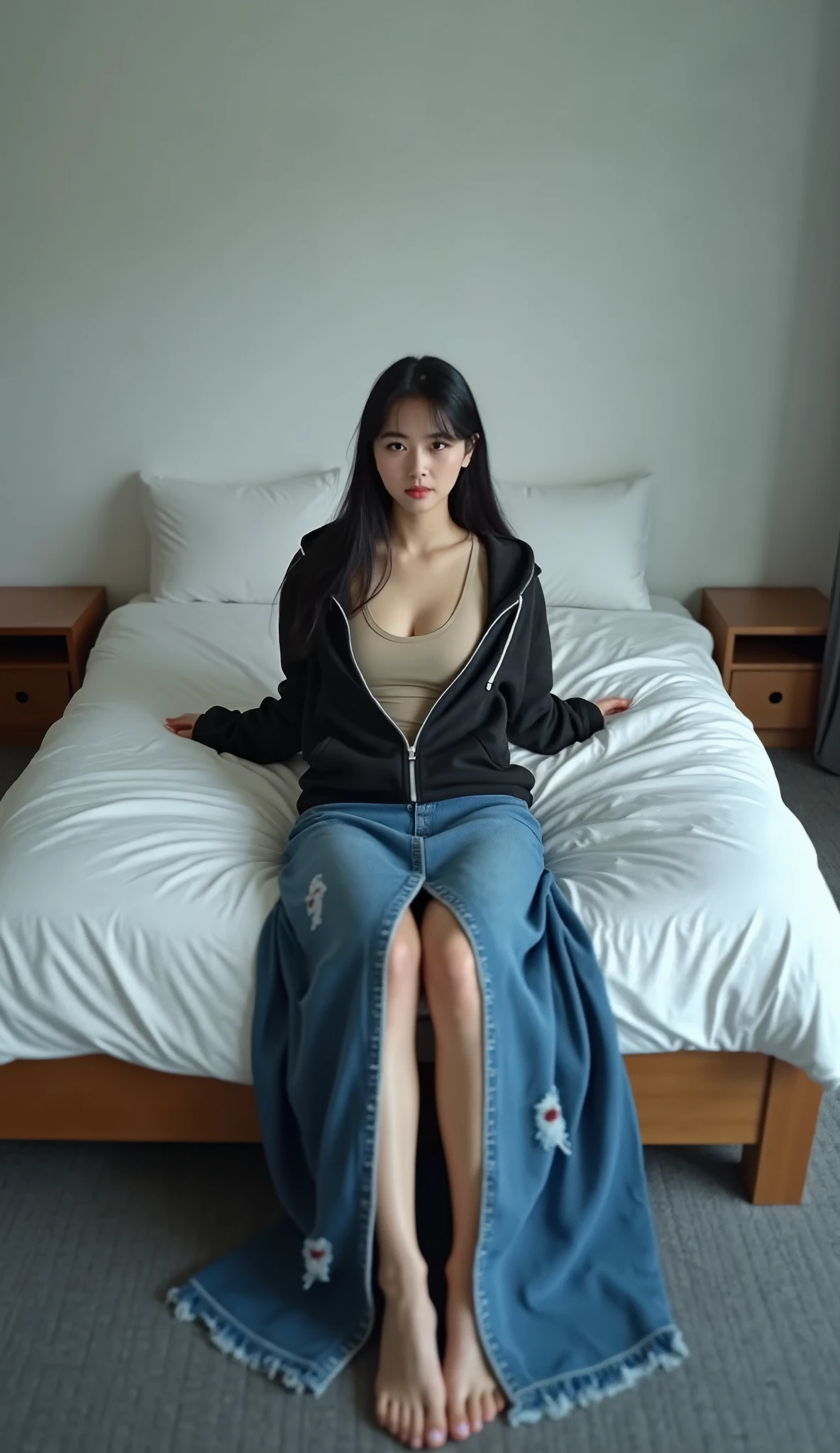 (Top image quality、top-quality、Top resolution、hyper realistic photography、Full body photo、masterpiece、)1 college-student girl、Very long black hair、Image full of black hair、The length of the ultra-long hair that I have grown for many years is about 3 meters、Place on bed、Long black hair hides the whole body、An image in which only black hair and face are visible、Facing backwards、Long black hair is flowing from the bed to the floor、Images with mostly long black hair、I despise short-haired girls、I shampoo every day without fail.、Very long black hair is my only sex appeal、My attraction is Long black hair is a symbol of beauty、My pride is very long black hair、 My very long black hair is spread out in a fan shape, wearing a short white shirt and minishorts in bed, kneeling in bed, nipples poking the cloth of the shirt, arms squeezing breasts together