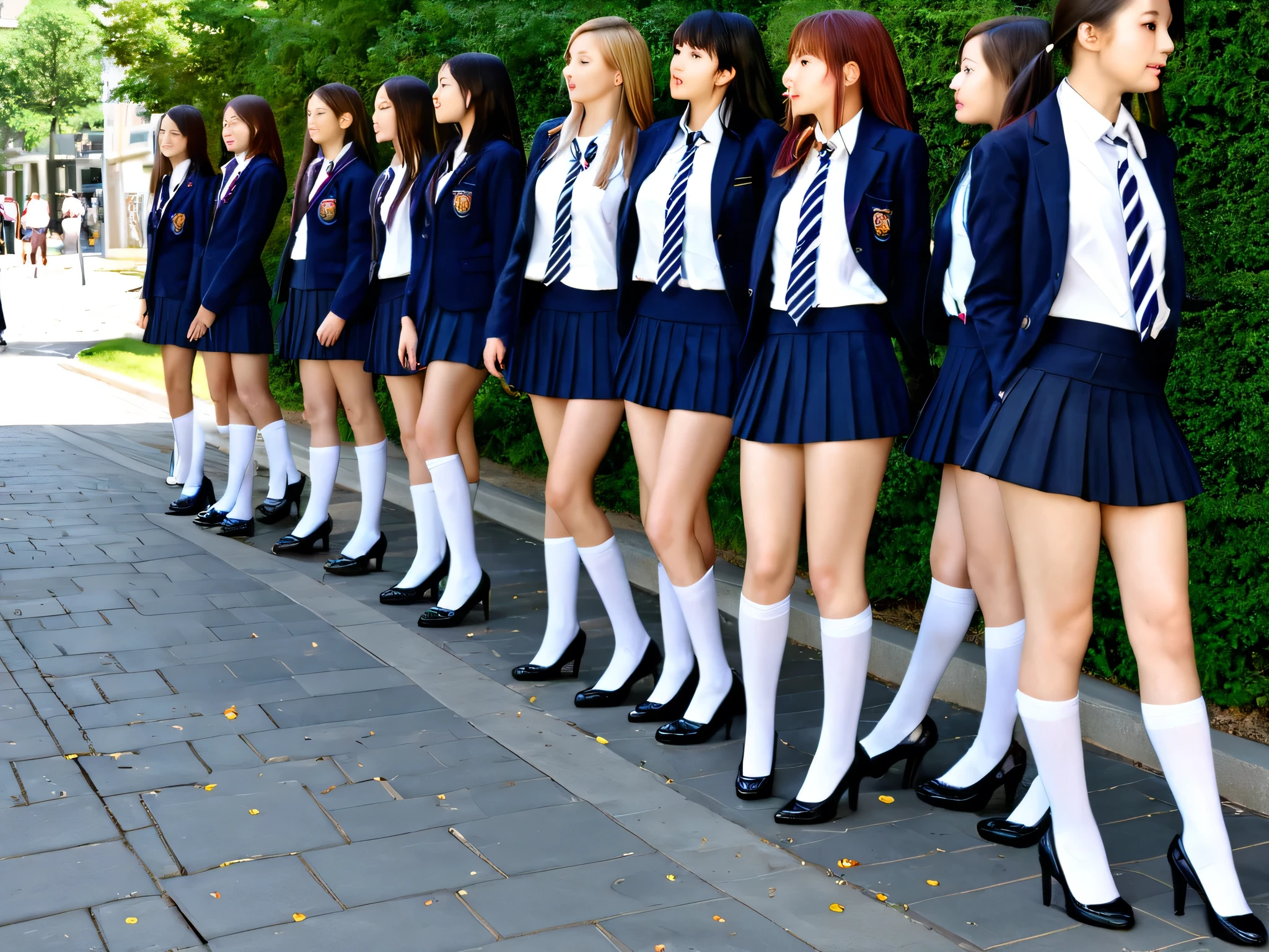 masterpiece, best quality, high resolution, very aesthetic, absurdres, newest, professional, high-quality, hyper-realistic, wide shot, outdoors, sidewalk, candid, full body, from side, multiple girls, 6+girls, school uniform, dark blue blazer, white shirt, striped necktie, blue skirt, microskirt, legs, white socks, kneehighs with stripe at top, mary janes, stiletto heels, walking