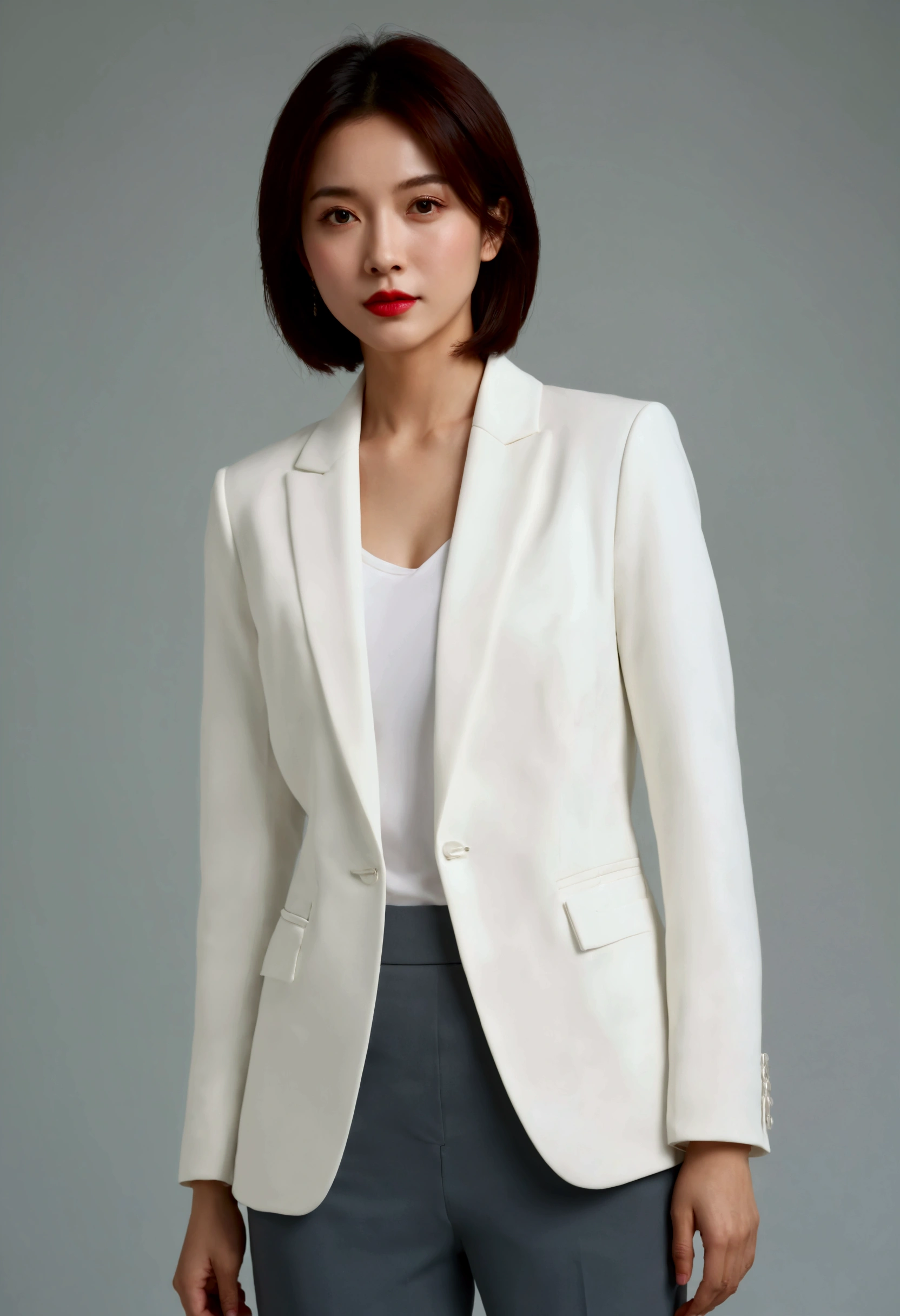 politician、50th Generation、White formal wear、woman、Standing upright、Facing forward、Black Hair、Japanese、serious、Knot