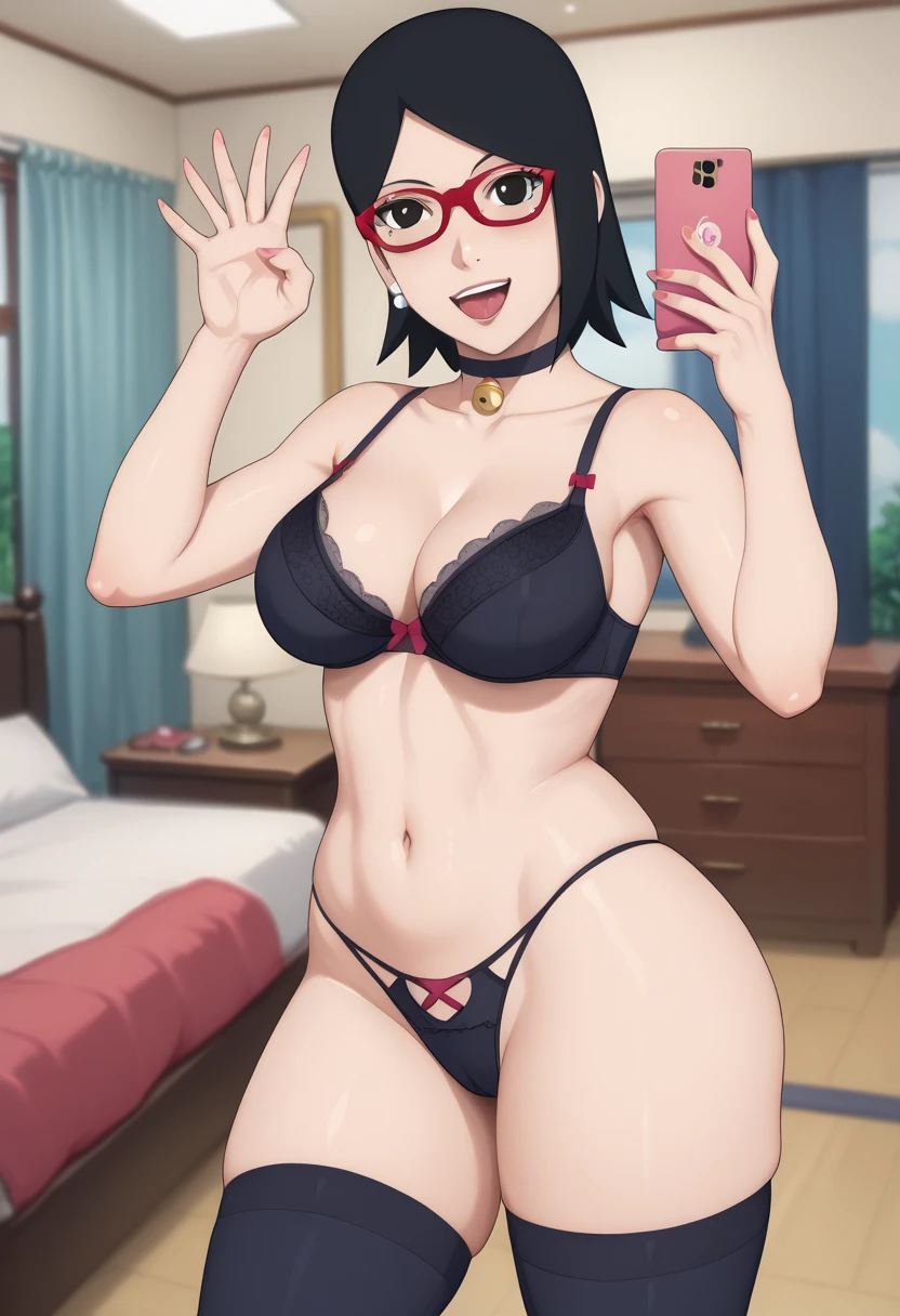 Masterpiece, Excellent, best quality, drawing with super high detail, uchiha sarada, , flat chest, megane, sharingan, red eyes, konoha headband, black hair, short hair, light skin, showing off sweaty armpits, seductive look, naughty smile, arms up behind head, blushing, micro-bikini, large pregnant belly, succubus crotch tattoo