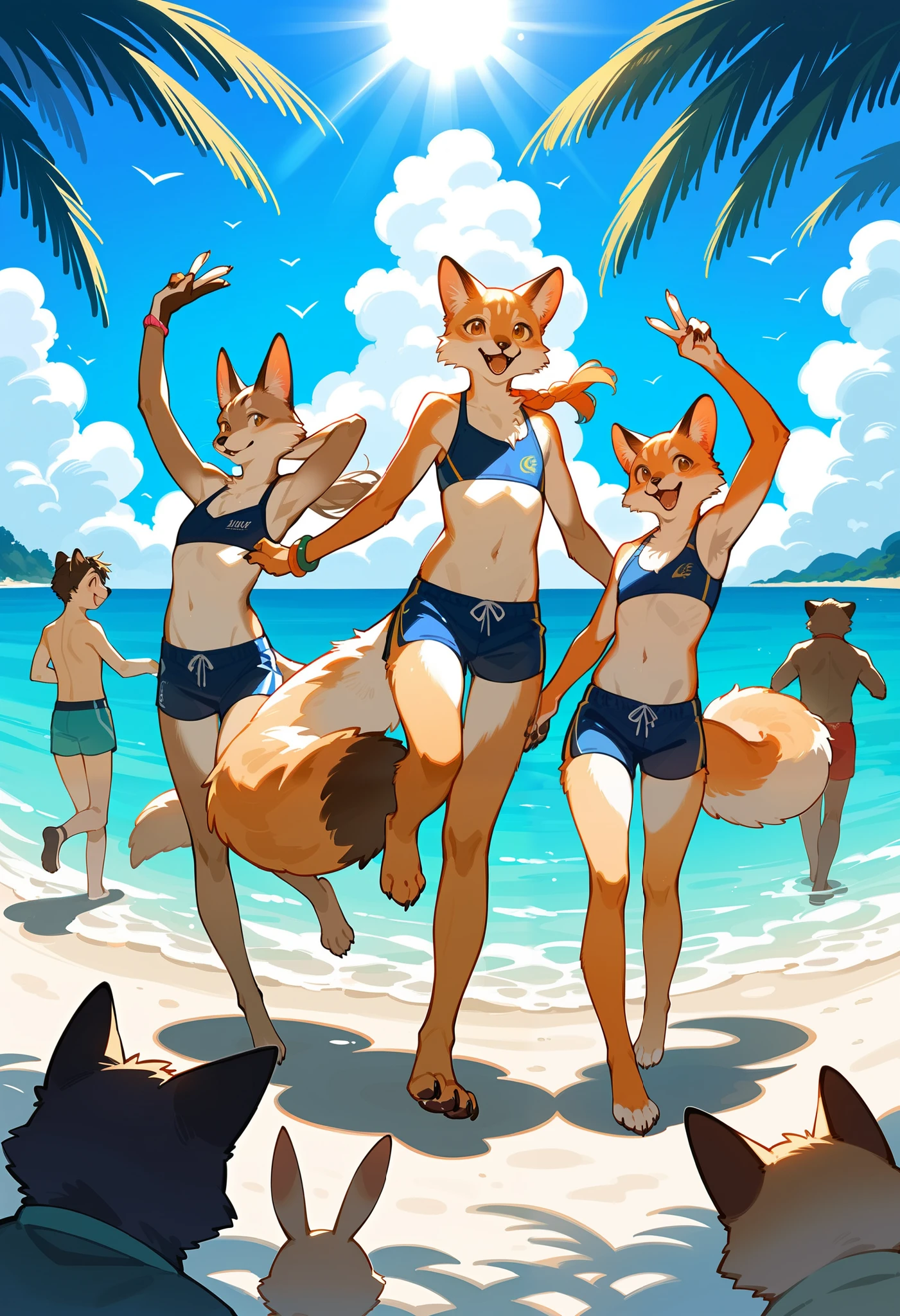 group of female foxes, anthro, furry, wearing bold swimsuits (semitransparente e provocante), se beijando, na praia, seios grandes, anatomia correta, imagem de melhor qualidade, estilo anime.
