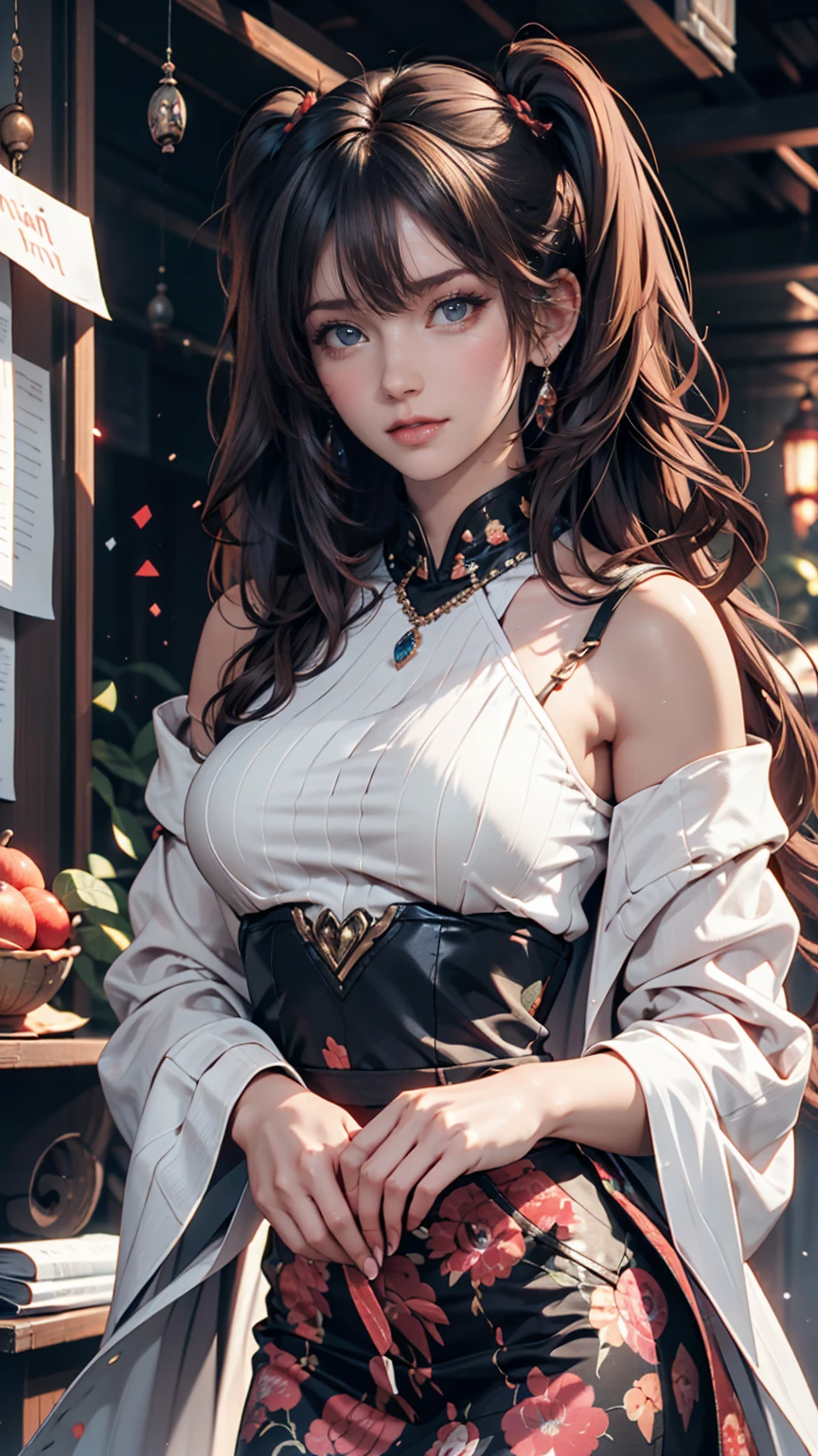 (Highest quality, 8k, masterpiece :1.3), Handsome woman with perfect figure and long hair :1.4, Zhongli, Zhongli, Dark brown hair, Swollen breasts, Genshin Impact, On the Ruins, In the hands of a gun, Highly detailed face and skin, Detailed eyes, double eyelid
