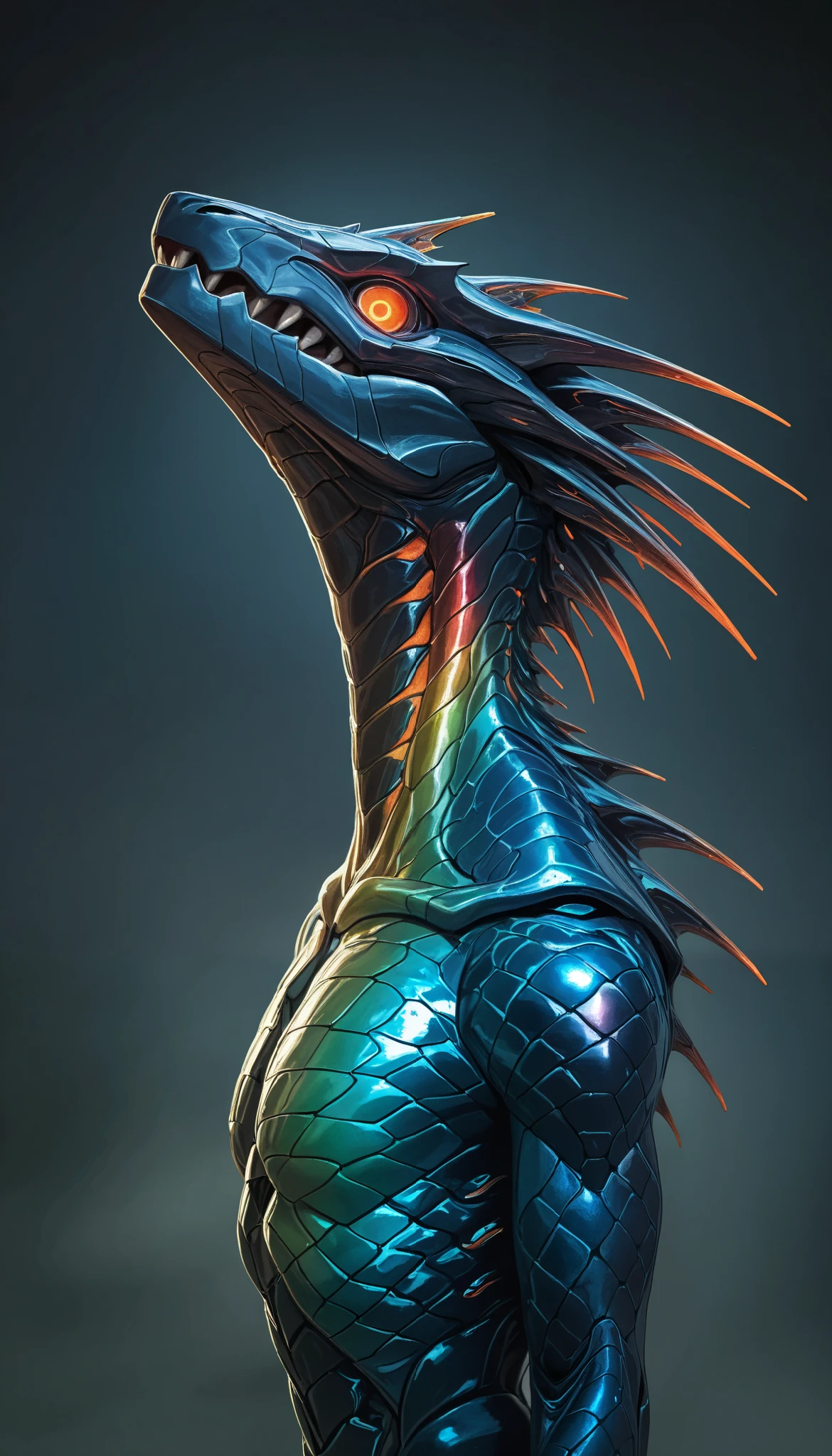 ( masterpiece, better quality), safe, bangs of incredible quality , absurdities, highres, newest , HDR-10, 8K, high-detail RAW color art , high-detail RAW color art ,, super detailed ,, realistic style , sharp macro quality , , soft colors, Dark Shot, colores apagados, grainy film , mega-robotics, blossoming neon tattoos,iridescent scales,Metamorphosis,