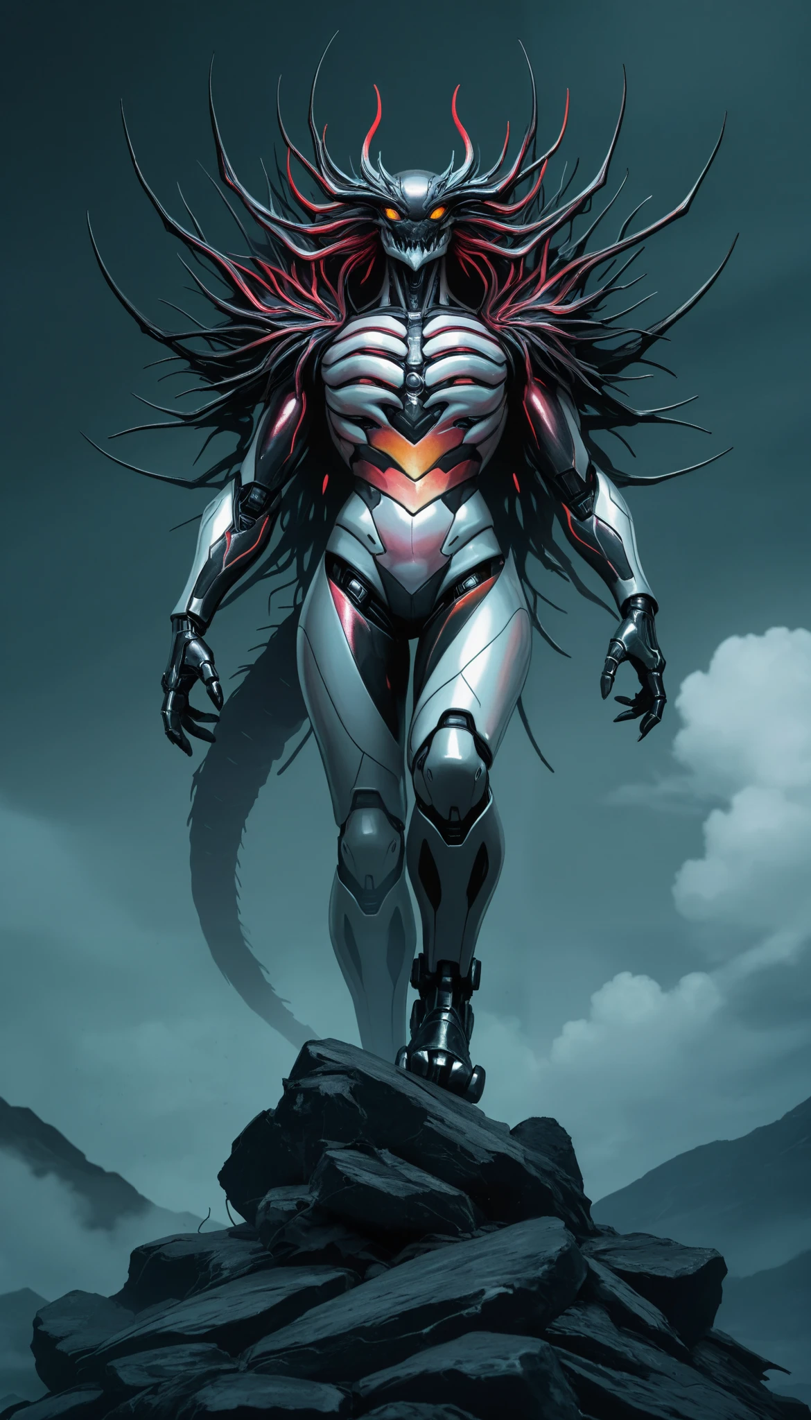 ( masterpiece, better quality), safe, bangs of incredible quality , absurdities, highres, newest , HDR-10, 8K, high-detail RAW color art , high-detail RAW color art ,, super detailed ,, realistic style , sharp macro quality , , soft colors, Dark Shot, colores apagados, grainy film , mega-robotics, blossoming neon tattoos,iridescent scales,Metamorphosis,