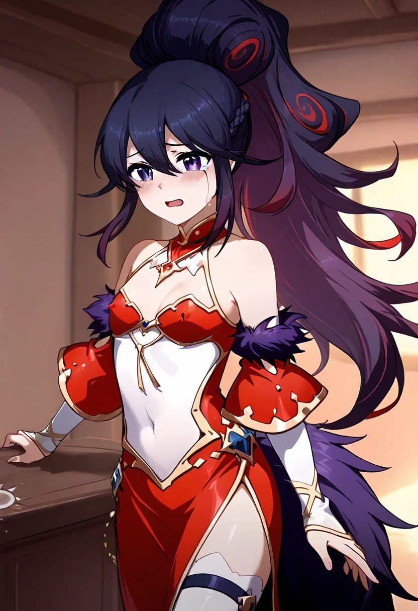 (SFW:1.4), masterpiece, best quality, highres 16k, clean, beautiful face,  (beautiful eyes + detail), (beautiful hair + detail), (small breast + perfect), , 1girl, solo, ahri_\(league_of_legends\), league_of_legends, bangs, black_hair, facial_mark, animal_ears, fox_ears, tails, fox_ tails, long_hair, orange_eyes, smile, fang, detached sleeves, (red off-shoulder dress + detail), excited, blush, cowboy shot, spacecraft, window,   <lora:ahri-000045:0.7>, hair ornament, veil:1.3, cleavage cutout, <lora:warframe_v1-000012:0.699999> <lora:CutesyV2:0.8>