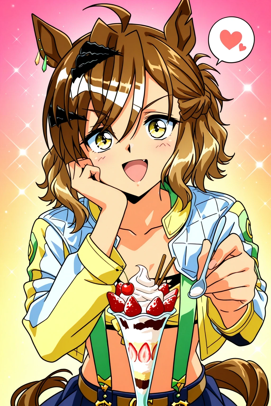score_9,score_8_up,score_7_up,score_6_up,score_5_up,score_4_up,source_anime,(solo:1.5), 
masterpiece,highest quality,Super detailed,8k,High resolution,an extremely delicate and beautiful,Official Art,Perfect Anatomy,(solo:1.5), Contrasting colors,octane rendering,Fully painted,anime coloring,anime screencap,Cel-shaded anime,retro artstyle,1990s \(style\),90s anime,90s anime style, perfect face,ultradeTailed eyes,beautiful,sexy,supermodel,athletic body,shiny skin,Dramatic light,(scale to fit the dimensions:1.2),
1girl, horse girl, brown hair, medium hair, ahoge, hair ornament, notched ear, horse tail, yellow eyes, multicolored hair, horse ears, yellow jacket, midriff, open clothes, long sleeves, open jacket, suspenders, belt, blue skirt,
parfait, open mouth, heart, food, sparkle, fruit, happy, hand on own face, spoken heart, ice cream, strawberry, spoon, hand on own cheek, cherry, holding spoon,