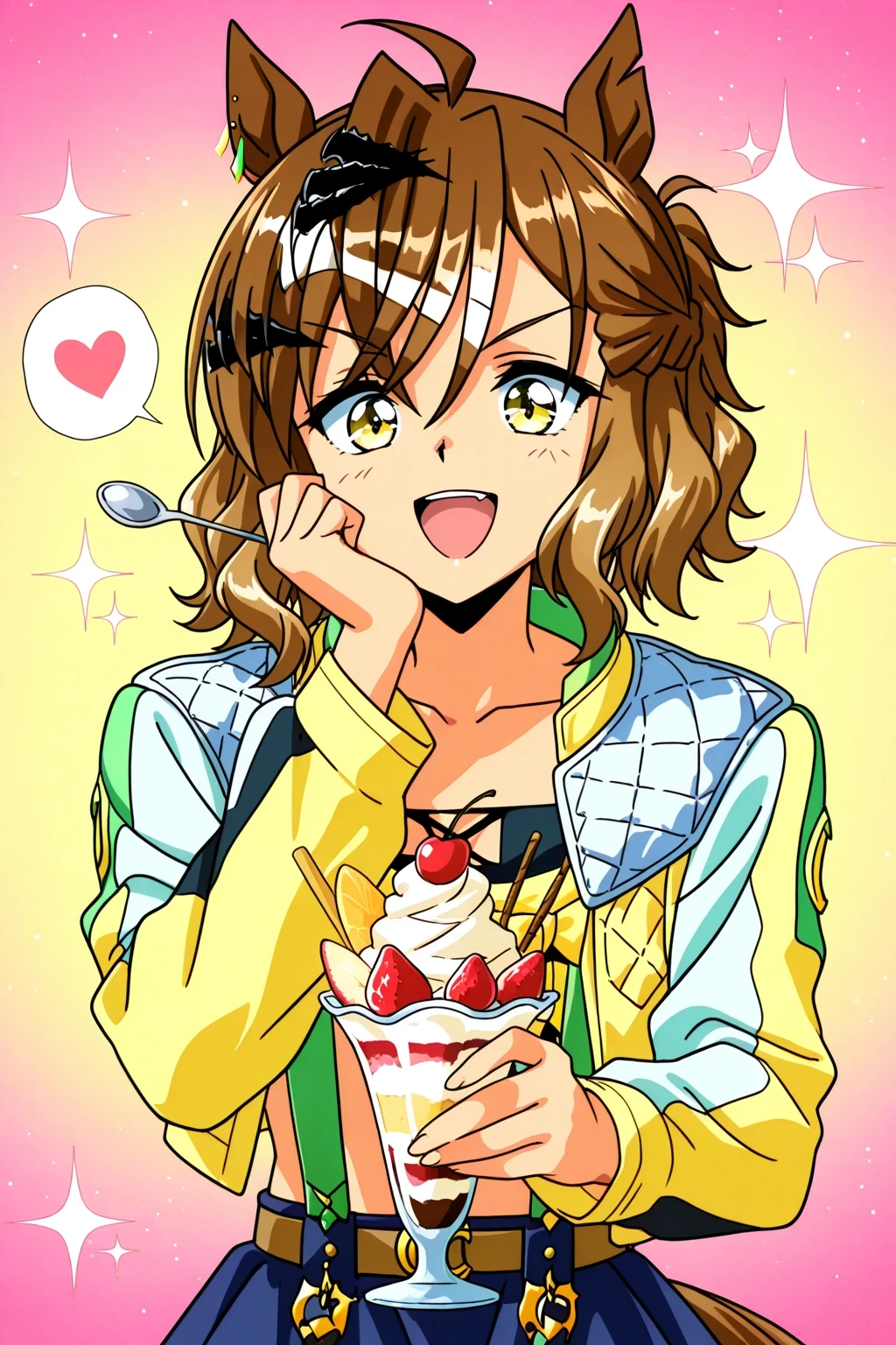 score_9,score_8_up,score_7_up,score_6_up,score_5_up,score_4_up,source_anime,(solo:1.5), 
masterpiece,highest quality,Super detailed,8k,High resolution,an extremely delicate and beautiful,Official Art,Perfect Anatomy,(solo:1.5), Contrasting colors,octane rendering,Fully painted,anime coloring,anime screencap,Cel-shaded anime,retro artstyle,1990s \(style\),90s anime,90s anime style, perfect face,ultradeTailed eyes,beautiful,sexy,supermodel,athletic body,shiny skin,Dramatic light,(scale to fit the dimensions:1.2),
1girl, horse girl, brown hair, medium hair, ahoge, hair ornament, notched ear, horse tail, yellow eyes, multicolored hair, horse ears, yellow jacket, midriff, open clothes, long sleeves, open jacket, suspenders, belt, blue skirt,
parfait, open mouth, heart, food, sparkle, fruit, happy, hand on own face, spoken heart, ice cream, strawberry, spoon, hand on own cheek, cherry, holding spoon,