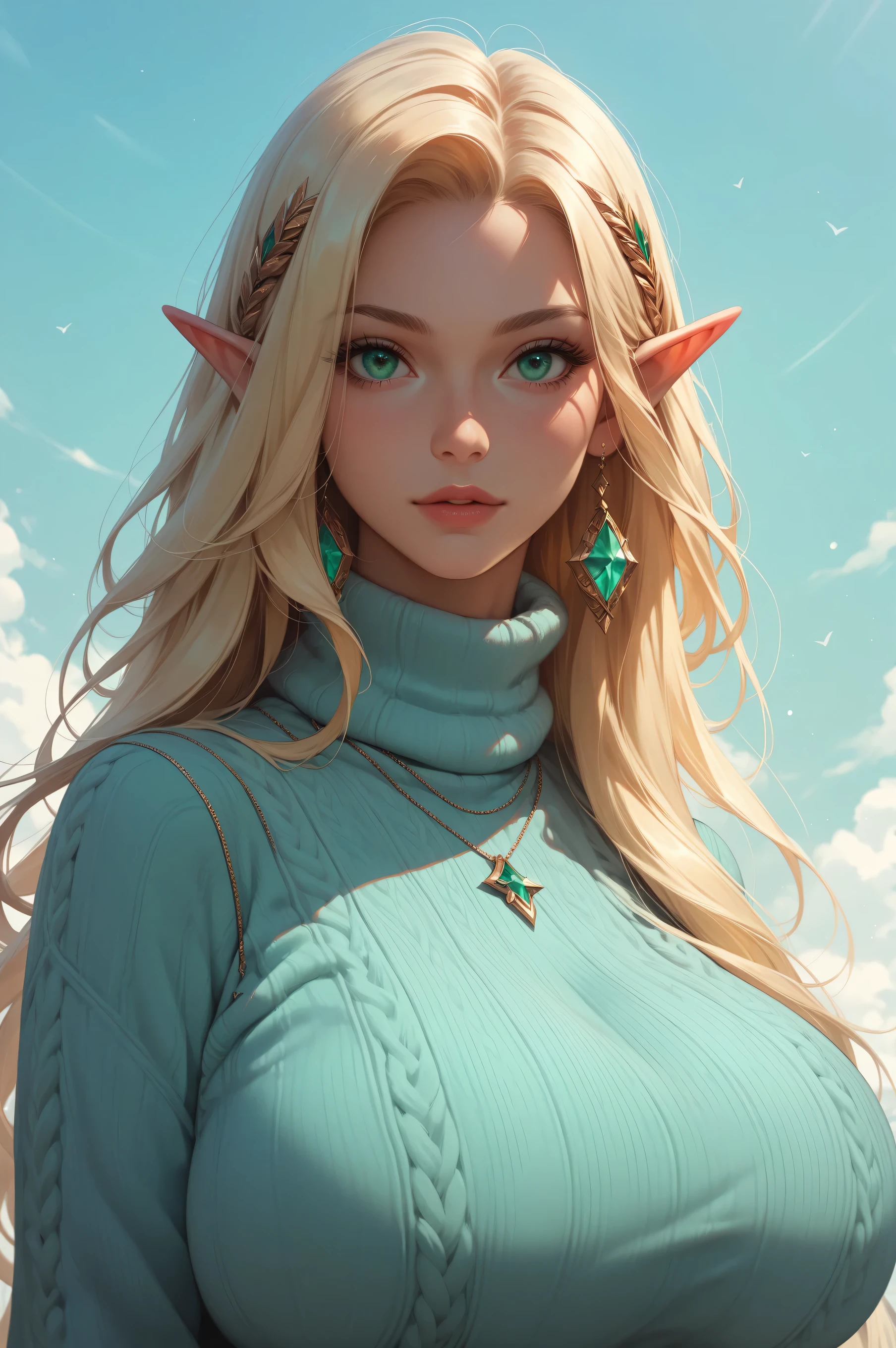 score_9, score_8_up, score_7_up, 1girl,solo, upper body,looking at viewer, white background, voluminous long blonde hair, elf, woman, gigantic breasts, sweater, mint green eyes, masterpiece, best quality, amazing quality, very aesthetic, high resolution, ultra-detailed, absurdres,