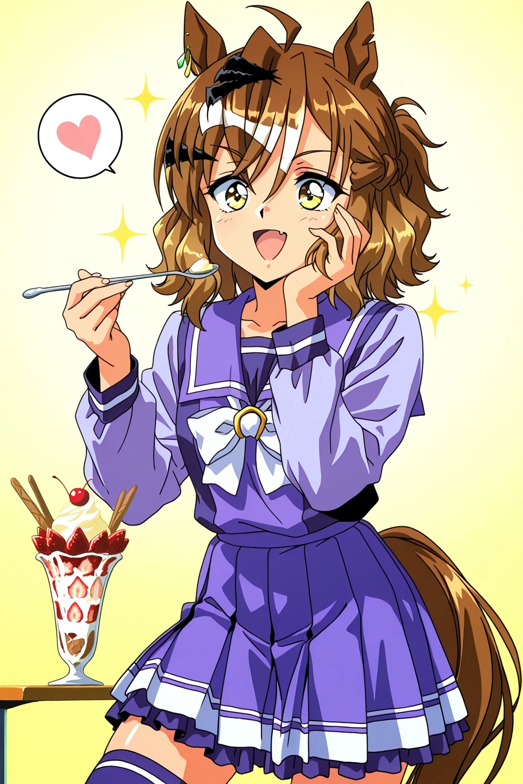 score_9,score_8_up,score_7_up,score_6_up,score_5_up,score_4_up,source_anime,(solo:1.5),
masterpiece,highest quality,Super detailed,8k,High resolution,an extremely delicate and beautiful,Official Art,Perfect Anatomy,(solo:1.5), Contrasting colors,octane rendering,Fully painted,anime coloring,anime screencap,Cel-shaded anime,retro artstyle,1990s \(style\),90s anime,90s anime style, perfect face,ultradeTailed eyes,beautiful,sexy,supermodel,athletic body,shiny skin,Dramatic light,(scale to fit the dimensions:1.2),
horse girl, brown hair, medium hair, ahoge, hair ornament, notched ear, horse tail, yellow eyes, multicolored hair, horse ears, wintertracen, school uniform, purple serafuku, purple shirt, sailor collar, white bow, long sleeves, purple skirt, pleated skirt, purple thighhighs,
parfait, open mouth, heart, food, sparkle, fruit, happy, hand on own face, spoken heart, ice cream, strawberry, spoon, hand on own cheek, cherry, holding spoon,