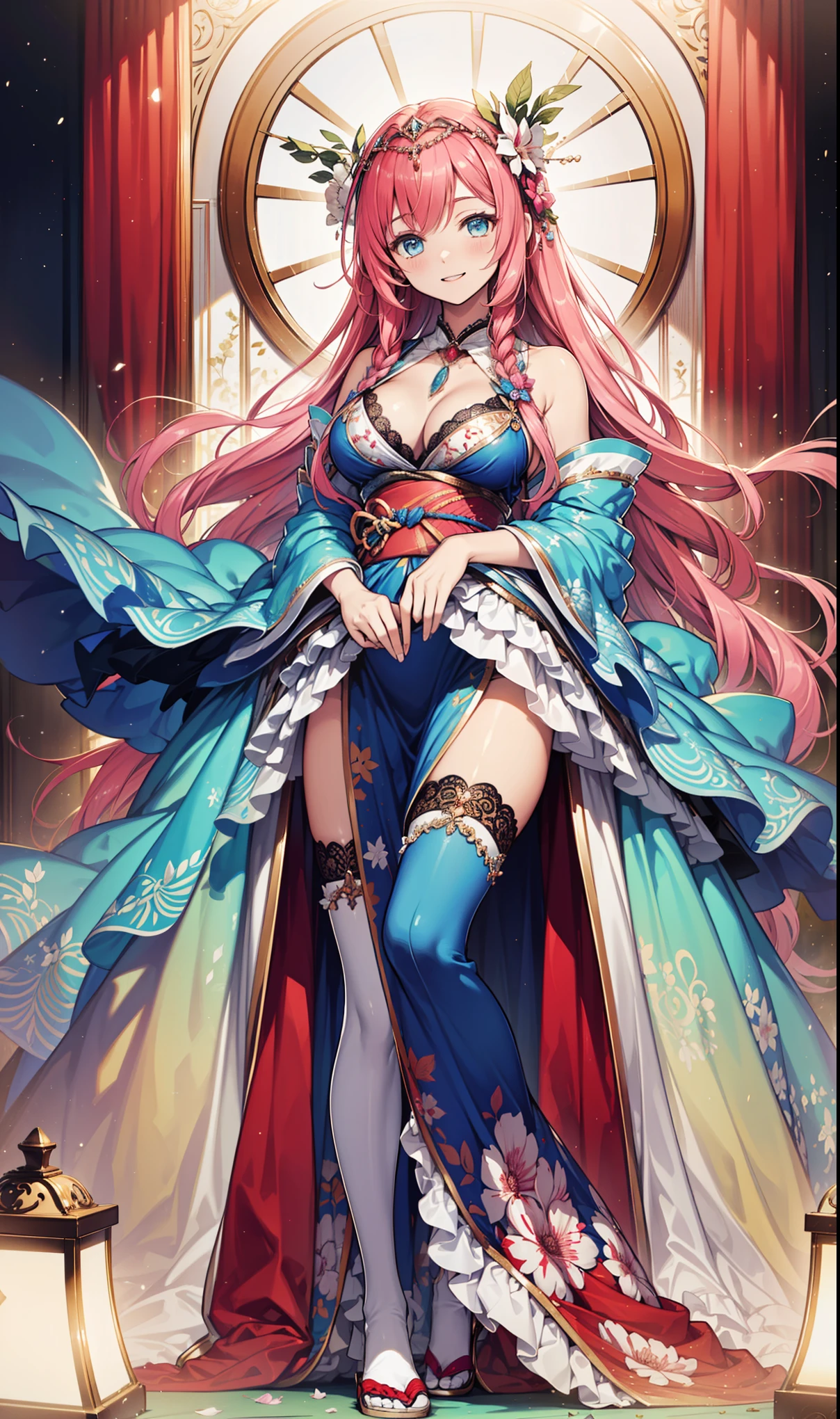 (best quality, high resolution, Textured Skin, high quality, High Detail,Extremely detailed CG Unity),Teenage Girl，obsessed，Divine happiness，in love，(Swimwear and Kimono:1.2)，Pink Hair，blue eyes，(Fabric headdress minimalism，Multi-layer delicate ruffles，lots of lace，Multi-color cloth，Exquisite embroidery，Exquisite patterns，Fabric headdress，Exquisite clothing，See through transparent clothes，bedroom，night，(Dazzle:1.2)，light，The only one，The skirt flutters，Carved garter stockings，happy