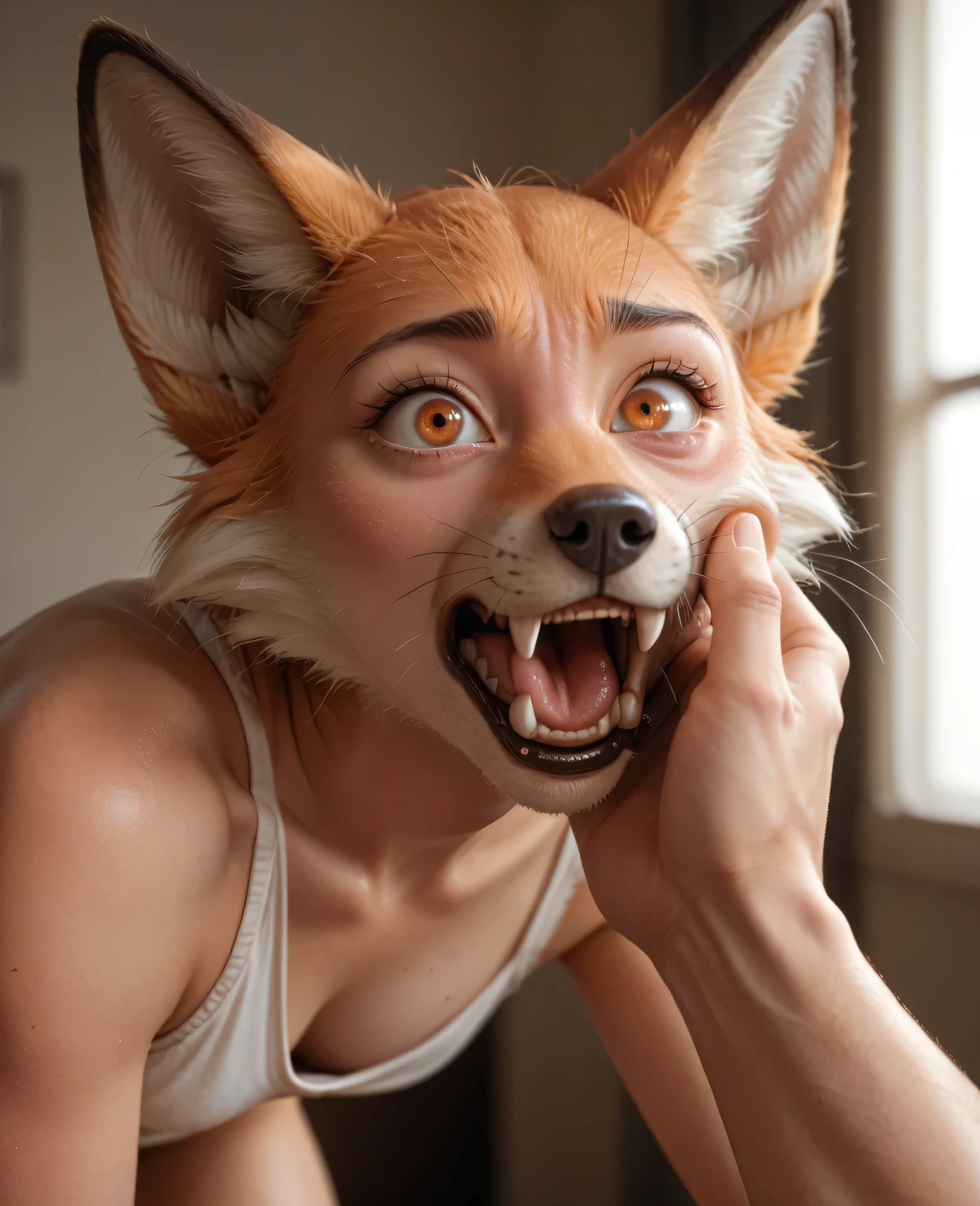 Portrait , Hand to nose, leaning forward, [Fox snout: human face: 0.5], [human ears: Sharp ears:0.8],wolf nose, whiskers, fangs, human skin, in pain, confused, fox