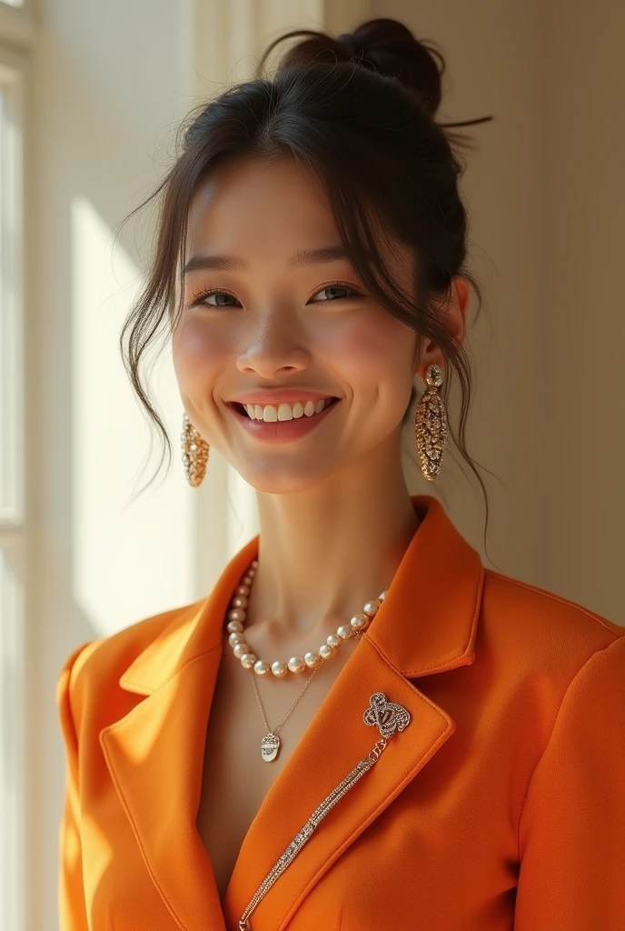 ((Highest quality, 8K, masterpiece: 1.3)), beautiful girl, Pure, Melon face, Kind and cute, sweet smile, Pure desire, Slender body, (front), (Tilt your head), ((looking at the camera) ), Wearing a yellow office suit and a short skirt, Medium black hair, Long, flowing shoulders, Big, round, black eyes, Clear, big eyes, Moist red lips, sweet, Sitting in the office, Office Background, Bodies facing random directions, (whole body),