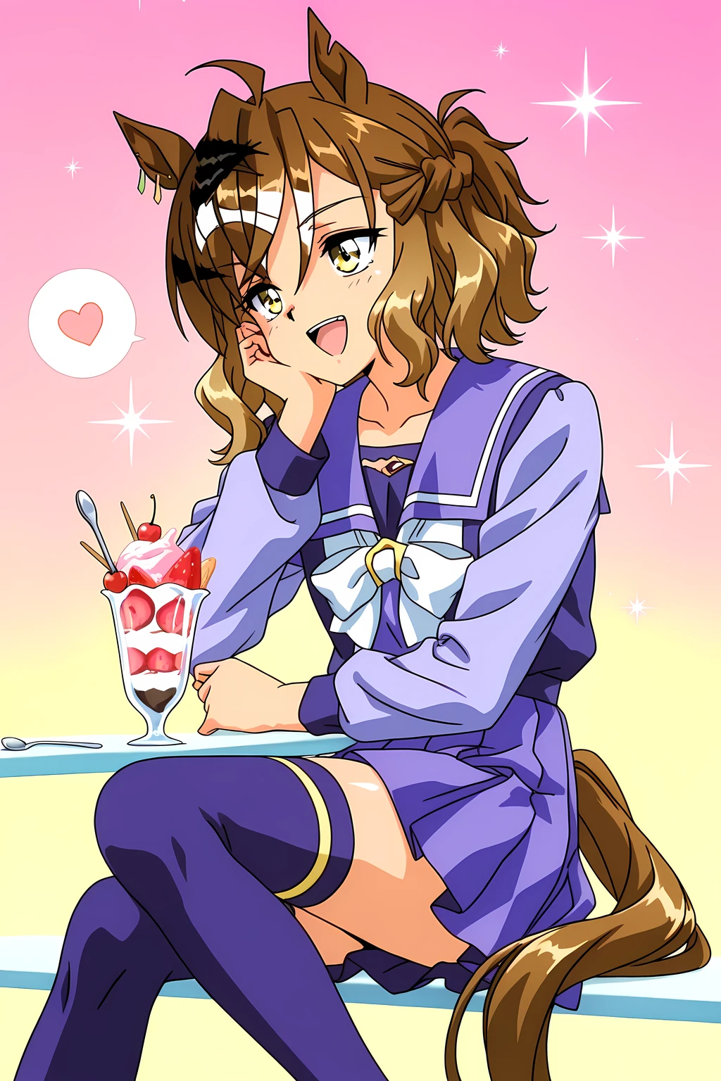 score_9,score_8_up,score_7_up,score_6_up,score_5_up,score_4_up,source_anime,(solo:1.5),
masterpiece,highest quality,Super detailed,8k,High resolution,an extremely delicate and beautiful,Official Art,Perfect Anatomy,(solo:1.5), Contrasting colors,octane rendering,Fully painted,anime coloring,anime screencap,Cel-shaded anime,retro artstyle,1990s \(style\),90s anime,90s anime style, perfect face,ultradeTailed eyes,beautiful,sexy,supermodel,athletic body,shiny skin,Dramatic light,(scale to fit the dimensions:1.2),
horse girl, brown hair, medium hair, ahoge, hair ornament, notched ear, horse tail, yellow eyes, multicolored hair, horse ears, wintertracen, school uniform, purple serafuku, purple shirt, sailor collar, white bow, long sleeves, purple skirt, pleated skirt, purple thighhighs,
parfait, open mouth, heart, food, sparkle, fruit, happy, hand on own face, spoken heart, ice cream, strawberry, spoon, hand on own cheek, cherry, holding spoon,