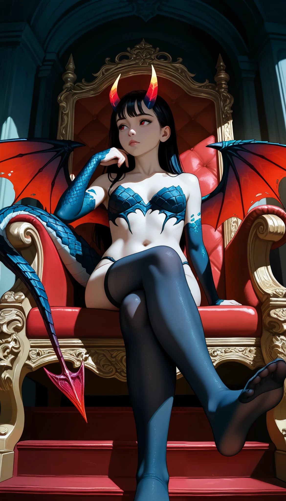1 demon girl, collarbone, high black stockings , bare navel,without shoes,Throne in Hell, sitting, crossed legs,seen from below,On top,stairs, bat wings , demon tail, bright red eyes,neon horns, dragon scales ,blossoming neon tattoos,iridescent scales,Metamorphosis,cold look, judgment of life and death,Queen and Judge , in front,hand on your chin ,thoughtful,( masterpiece, better quality), safe, bangs of incredible quality , absurdities, highres, newest , HDR-10, 8K, high-detail RAW color art , high-detail RAW color art ,, super detailed ,, realistic style , sharp macro quality , , soft colors, Dark Shot, colores apagados, grainy film