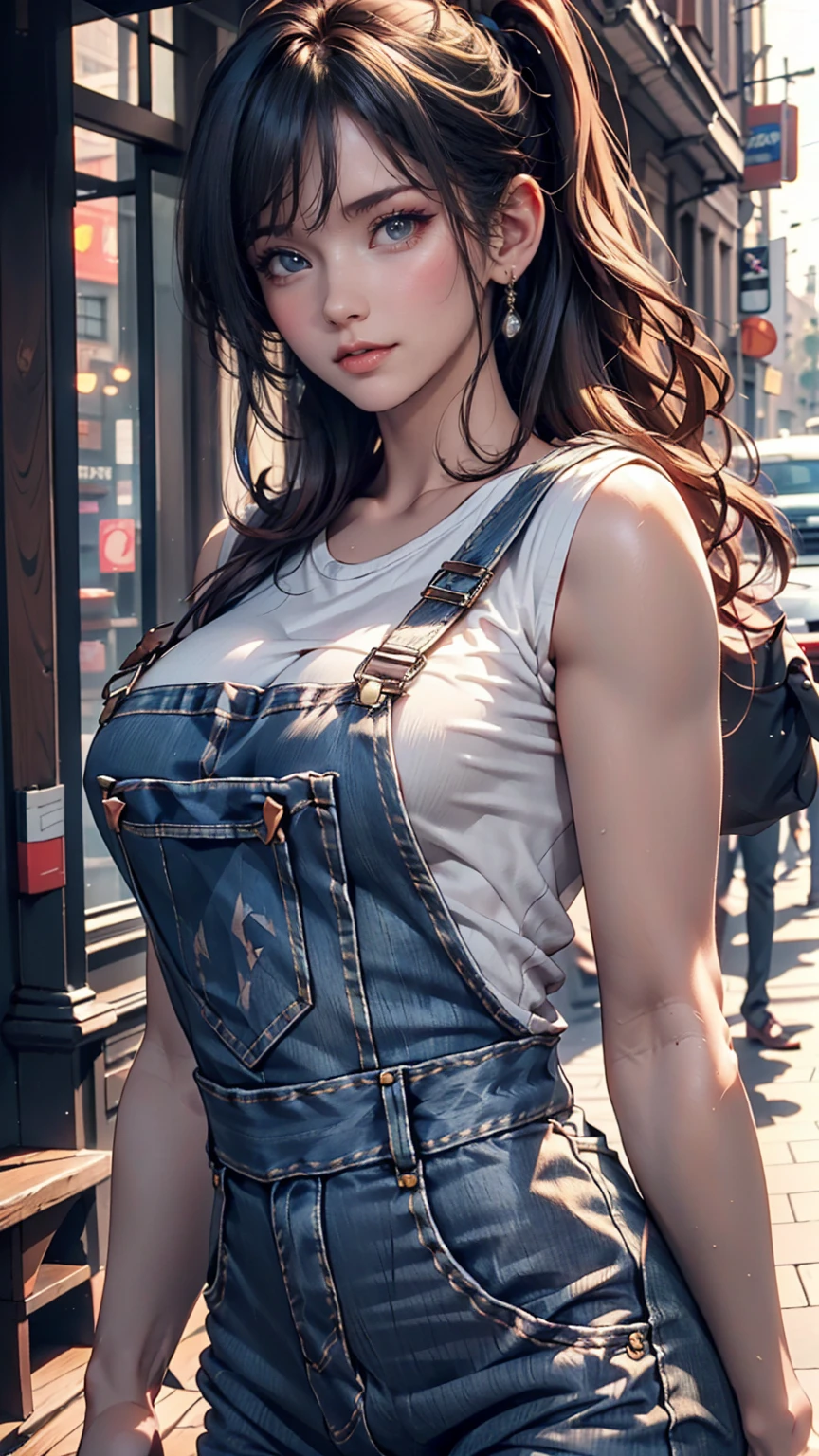 Space Shuttle in a Rusty Field, Landscape Village, Standing person々, Realistic, Simon Starenhug Style、24-year-old female、Wear work overalls((Open front to accentuate cleavage))、Work hat、Chignon、Moderately sized breasts、Gloves、Cowboy Shot、Work shoes