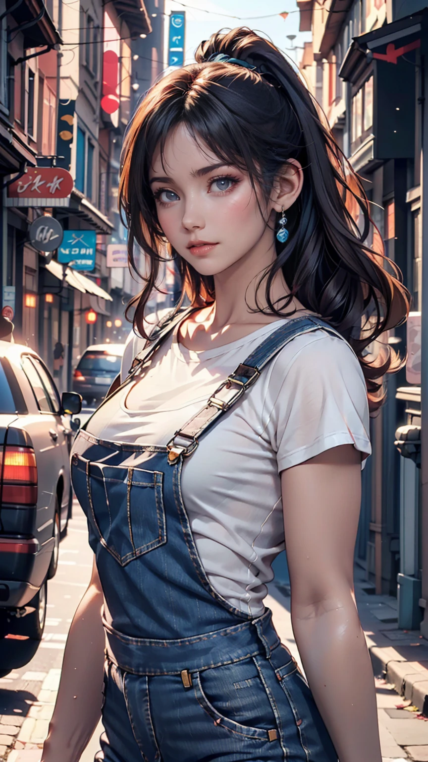 pho3b3cat3s photos, Beautiful woman, ((24-years-old)), street, T-Shirts, Denim overalls, 1980s, Retro, Long wavy black hair in a ponytail, (masterpiece), (Highly detailed CG Unity 8k wallpaper), Complex, ((Realistic)),