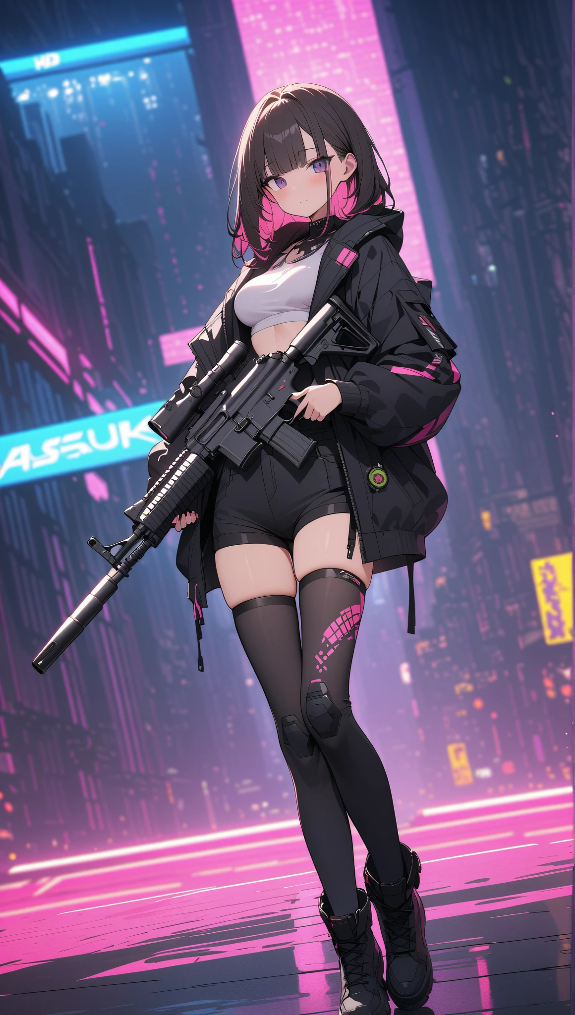 a female Hentai cyborg,doujin,stylish,pussy,busty,pink pubic hair,glamour,pink color tone,psychedelic costume,armored,A Cyberpunk dystopian girl,fantasic dystopia,dystopian scape,bladerunner,ghost in the shell,photorealistic,psychedelic colourful tone,posing,armed,guns,weapons,masterpiece,detailed,8k,dramatic,cinematic,dystopia