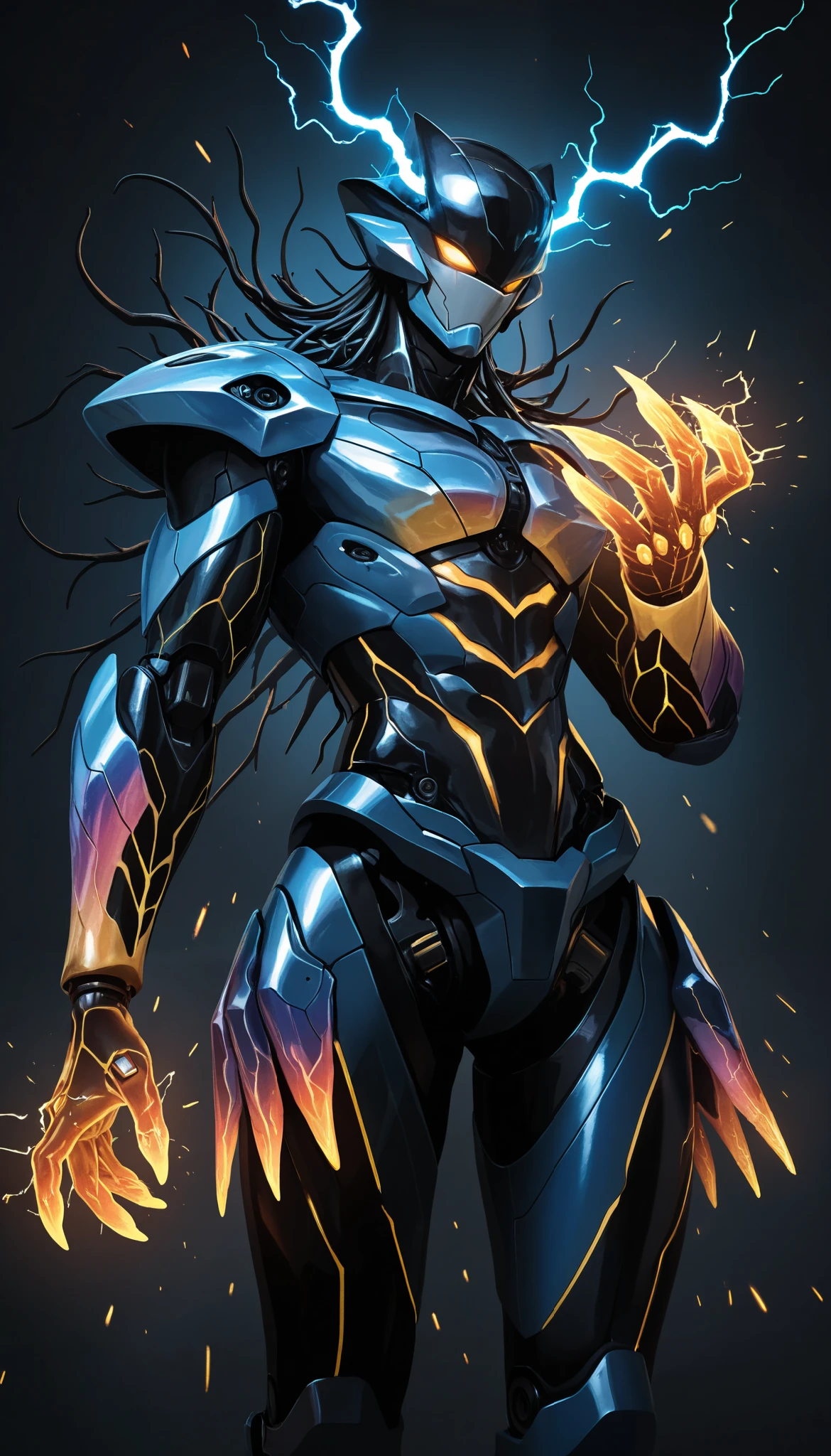 ( masterpiece, better quality), safe, bangs of incredible quality , absurdities, highres, newest , HDR-10, 8K, high-detail RAW color art , high-detail RAW color art ,, super detailed ,, realistic style , sharp macro quality , , soft colors, Dark Shot, colores apagados, grainy film , mega-robotics, neon graffiti blossoming,iridescent armor ,Metamorphosis, charged electricity ,sparks on the fingers