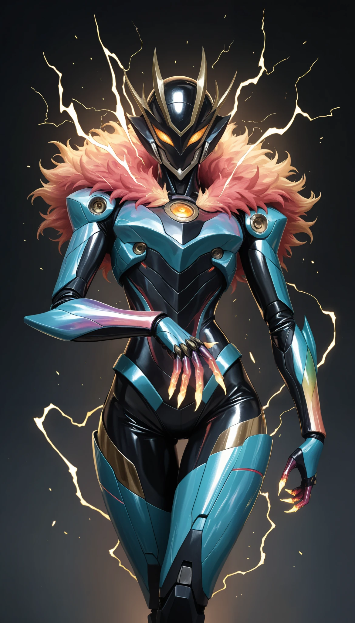 ( masterpiece, better quality), safe, bangs of incredible quality , absurdities, highres, newest , HDR-10, 8K, high-detail RAW color art , high-detail RAW color art ,, super detailed ,, realistic style , sharp macro quality , , soft colors, Dark Shot, colores apagados, grainy film , mega-robotics, blossoming neon graffiti,iridescent armor ,Metamorphosis, charged electricity ,sparks on the fingers