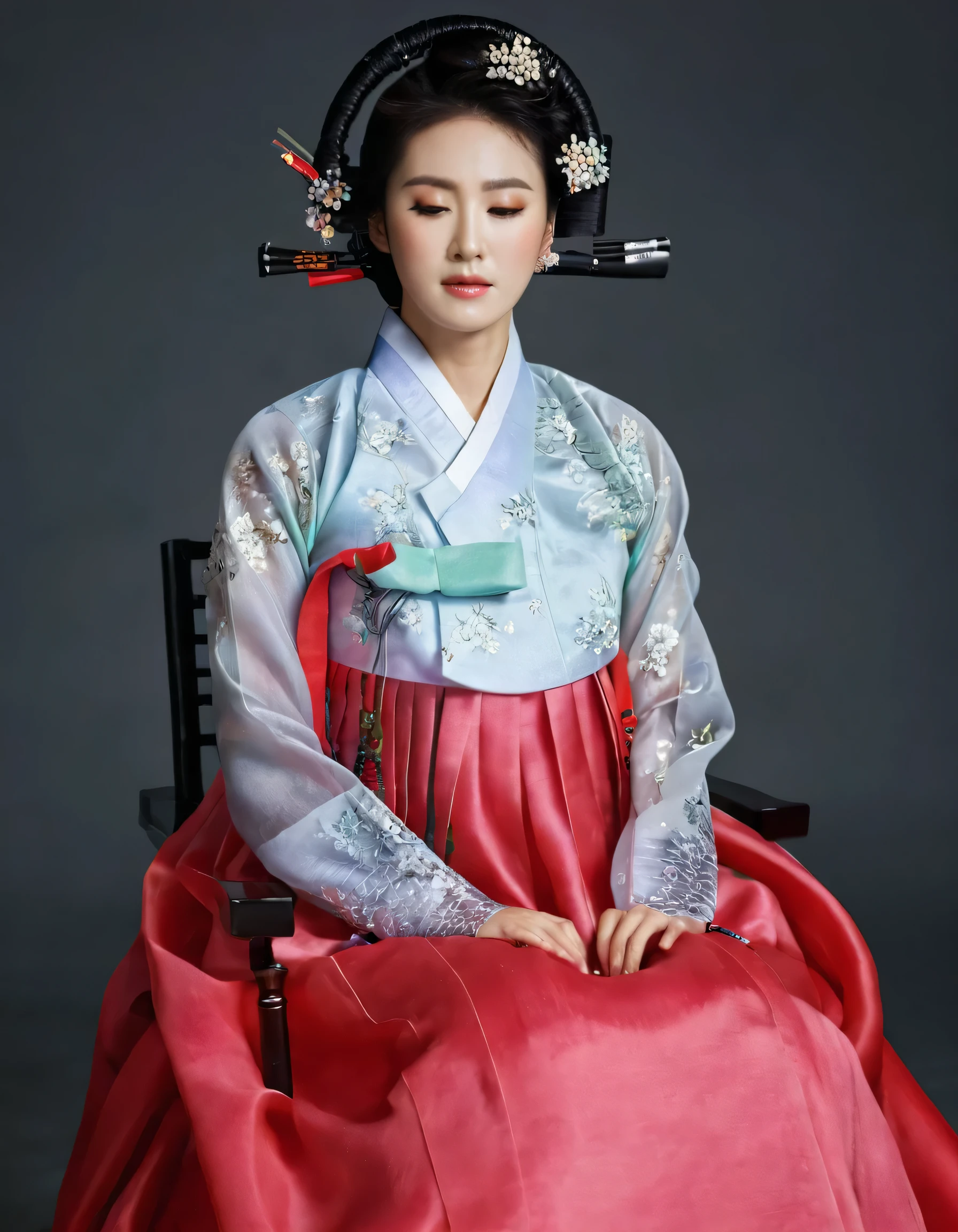 8k, A Korean man had surgery to change his body from male to female, his body is completely female, he has big breasts like a woman, but his face is not changed and still looks like a man, His hair is still manly and short, manly short hair, he is wearing a mother's hanbok dress costume, silk, Mother of the Bride Dress Outfit, black and red, Floral pattern, sexy, see-through, He sits upright in a special device chair, Being brainwashed, There are several electrical cords and electronic devices plugged into his head, Being brainwashed, brainwashing electronics attached to head, expressionless, eyes closed, unconscious, Full body shot