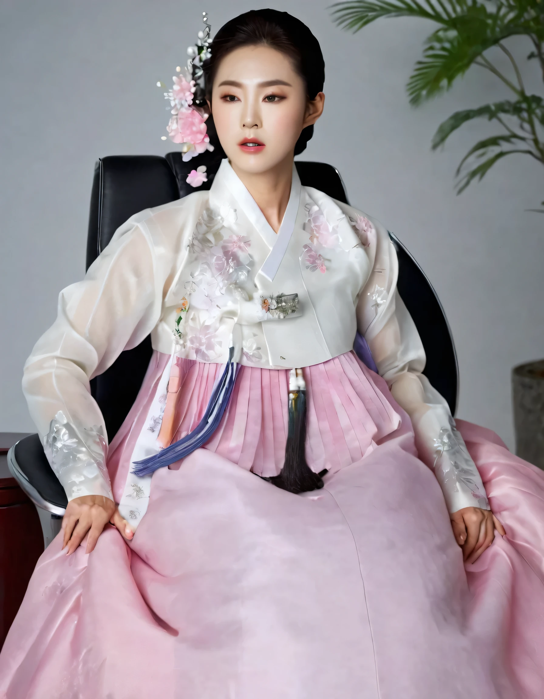 8k, A Korean man had surgery to change his body from male to female, his body is completely female, he has big breasts like a woman, but his face is not changed and still looks like a man, His hair is still manly and short, manly short hair, he is wearing a mother's hanbok dress costume, silk, Mother of the Bride Dress Outfit, white and pink, Floral pattern, sexy, see-through, He sits upright in a special device chair, Being brainwashed, There are several electrical cords and electronic devices plugged into his head, Being brainwashed, brainwashing electronics attached to head, expressionless, eyes closed, unconscious, Full body shot