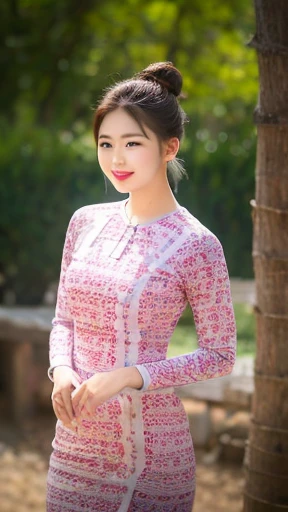 (a gorgeous lady, age 18, dimpled smile, cute snaggle-tooth, pink short hair, beautiful detailed face, beautiful detailed eyes, ample round bosom, wearing Vietnam fashion Ao Dai, The Cowboy shot, detailed textures, vibrant colors, serene outdoor landscape with lush greenery and sunlight filtering through trees, peaceful atmosphere, traditional pose, authentic setting, realistic portrayal, (best quality,4k,8k,highres,masterpiece:1.2),ultra-detailed,(realistic,photorealistic,photo-realistic:1.37),extremely detailed face and eyes,beautiful detailed lips,longeyelashes,cinematic lighting,intricate details,traditional art style,stunning colors)
