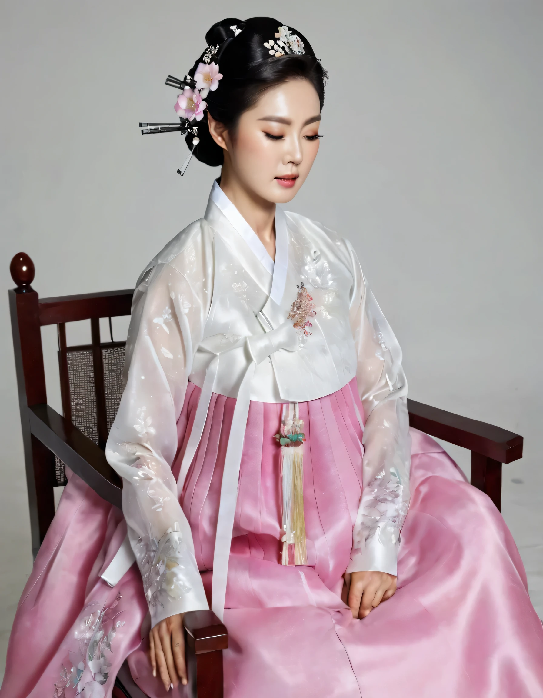 8k, A Korean man had surgery to change his body from male to female, his body is completely female, he has big breasts like a woman, but his face is not changed and still looks like a man, His hair is still manly and short, manly short hair, he is wearing a mother's hanbok dress costume, silk, Mother of the Bride Dress Outfit, white and pink, Floral pattern, sexy, see-through, He sits upright in a special device chair, Being brainwashed, There are several electrical cords and electronic devices plugged into his head, Being brainwashed, brainwashing electronics attached to head, expressionless, eyes closed, unconscious, Full body shot