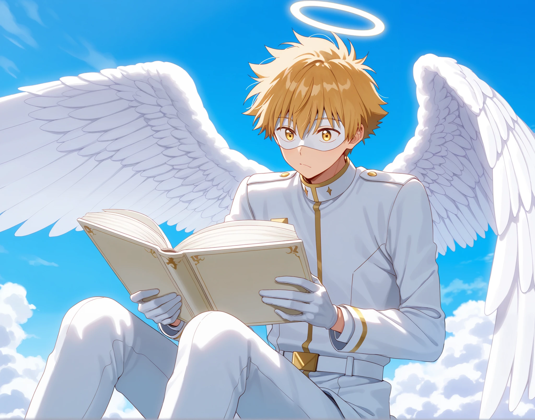 Full pure White hero masked men anime, solo, male focus,white angle uniform,white mask,white eye mask,gloves,angel,1boy,male focus,big white angel wing,angel halo,golden eyes,day sky clouds heaven bankground,inuzuka shuu, blonde,boring,playful, resting on clouds,playful,reading light magic book,