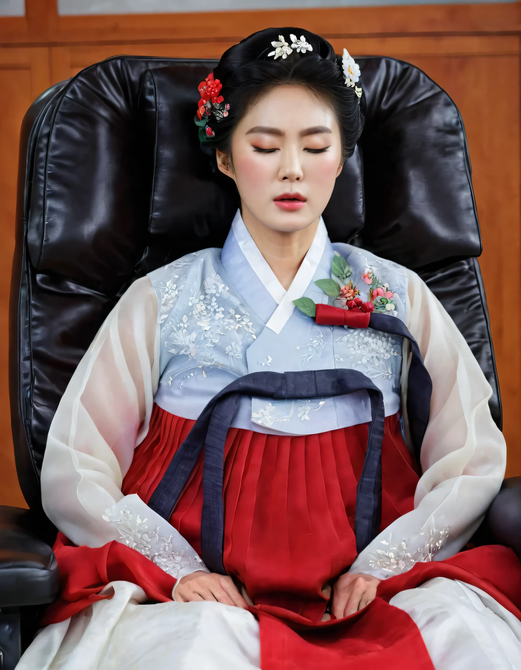 8k, A Korean man had surgery to change his body from male to female, his body is completely female, he has big breasts like a woman, but his face is not changed and still looks like a man, His hair is still manly and short, manly short hair, he is wearing a mother's hanbok dress costume, silk, Mother of the Bride Dress Outfit, black and red, Floral pattern, sexy, see-through, He sits upright in a special device chair, Being brainwashed, There are several electrical cords and electronic devices plugged into his head, Being brainwashed, brainwashing electronics attached to head, expressionless, eyes closed, unconscious, Full body shot