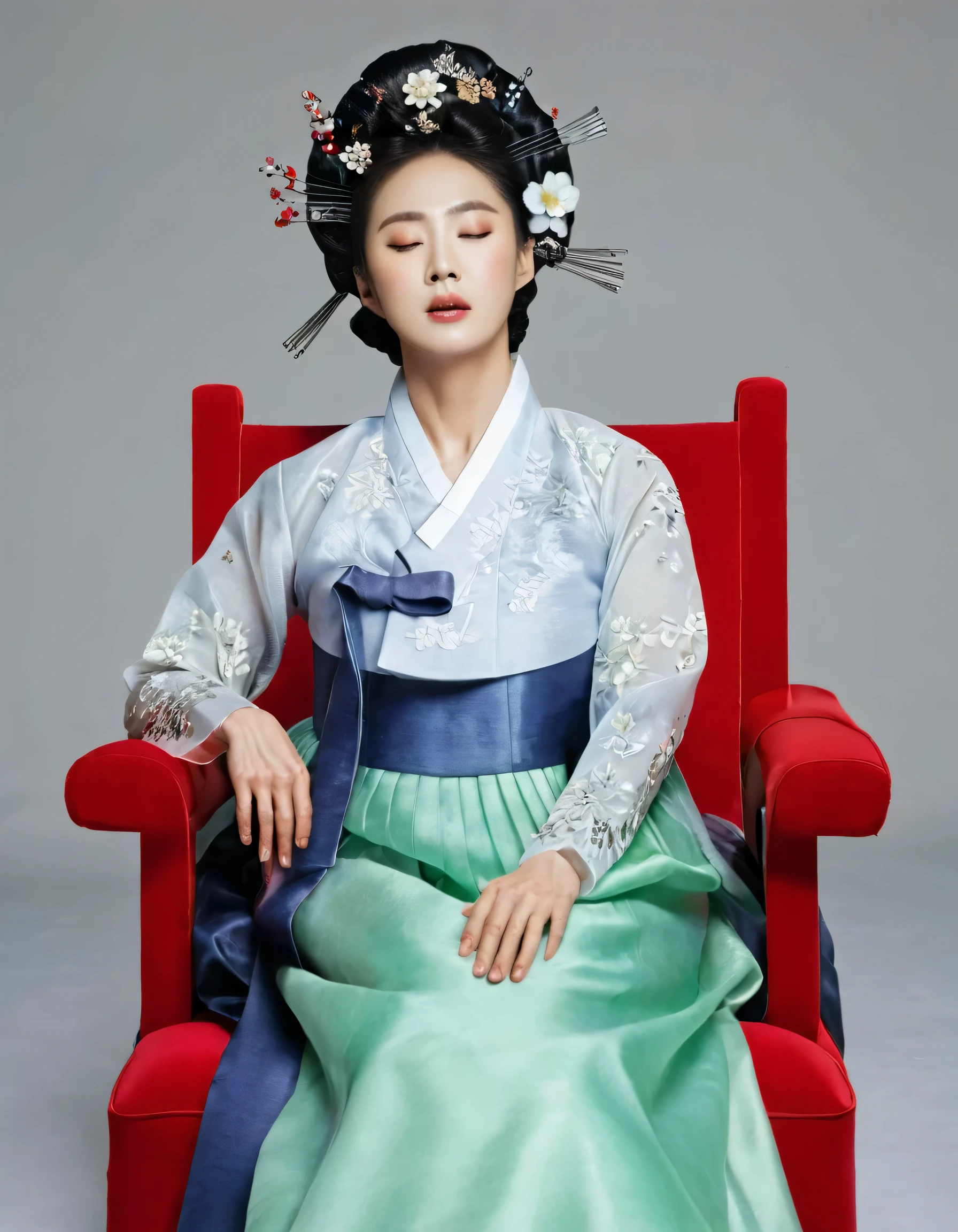 8k, A Korean man had surgery to change his body from male to female, his body is completely female, he has big breasts like a woman, but his face is not changed and still looks like a man, His hair is still manly and short, manly short hair, he is wearing a mother's hanbok dress costume, silk, Mother of the Bride Dress Outfit, black and red, Floral pattern, sexy, see-through, He sits upright in a special device chair, Being brainwashed, There are several electrical cords and electronic devices plugged into his head, Being brainwashed, brainwashing electronics attached to head, expressionless, eyes closed, unconscious, Full body shot