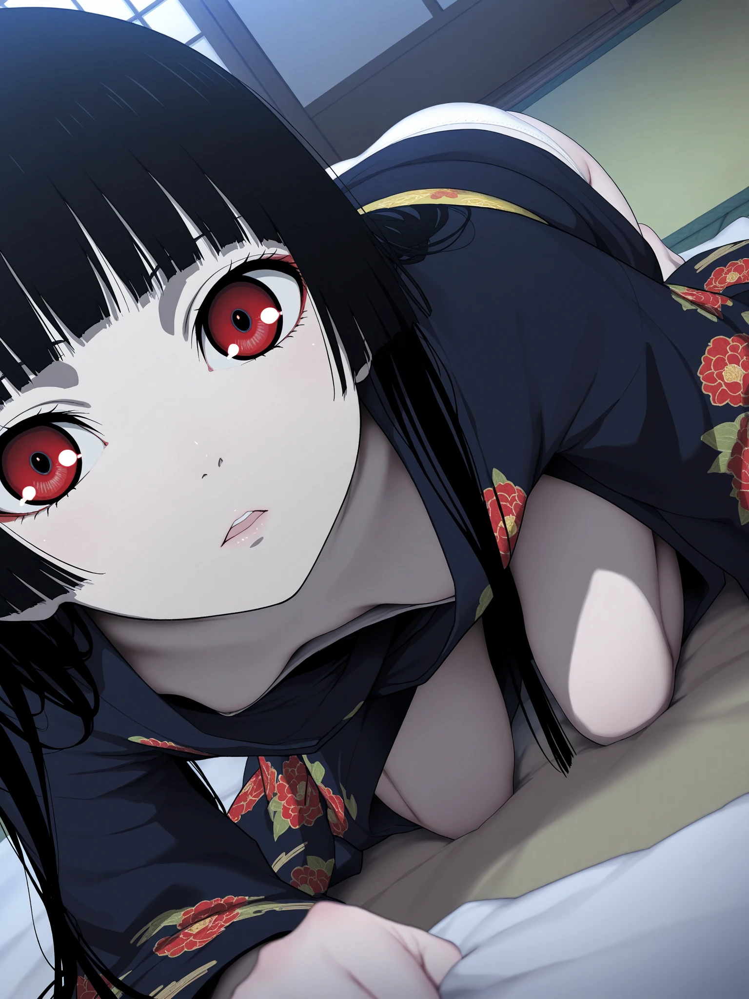 1 Girl, Enma Ai, lying down, naked, small breasts, open legs, sexy pussy, long black hair, red eyes, flushed cheeks, Enma Ai looking at the camera  