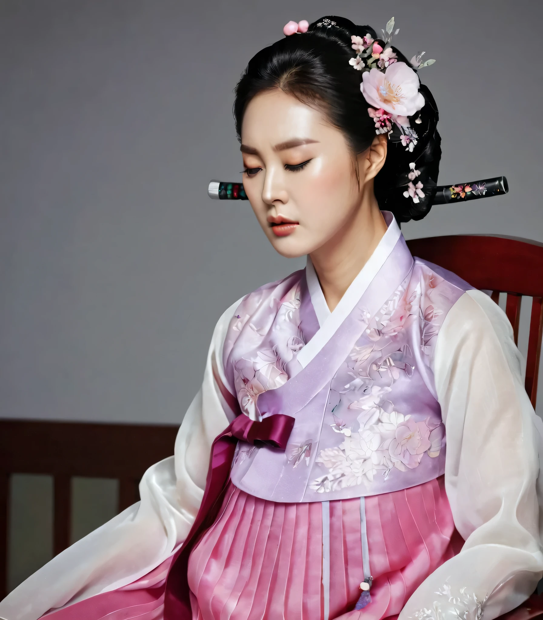 8k, A Korean man had surgery to change his body from male to female, his body is completely female, he has big breasts like a woman, but his face is not changed and still looks like a man, His hair is still manly and short, manly short hair, he is wearing a mother's hanbok dress costume, silk, Mother of the Bride Dress Outfit, white and pink, Floral pattern, sexy, see-through, He sits upright in a special device chair, Being brainwashed, There are several electrical cords and electronic devices plugged into his head, Being brainwashed, brainwashing electronics attached to head, expressionless, eyes closed, unconscious, Full body shot